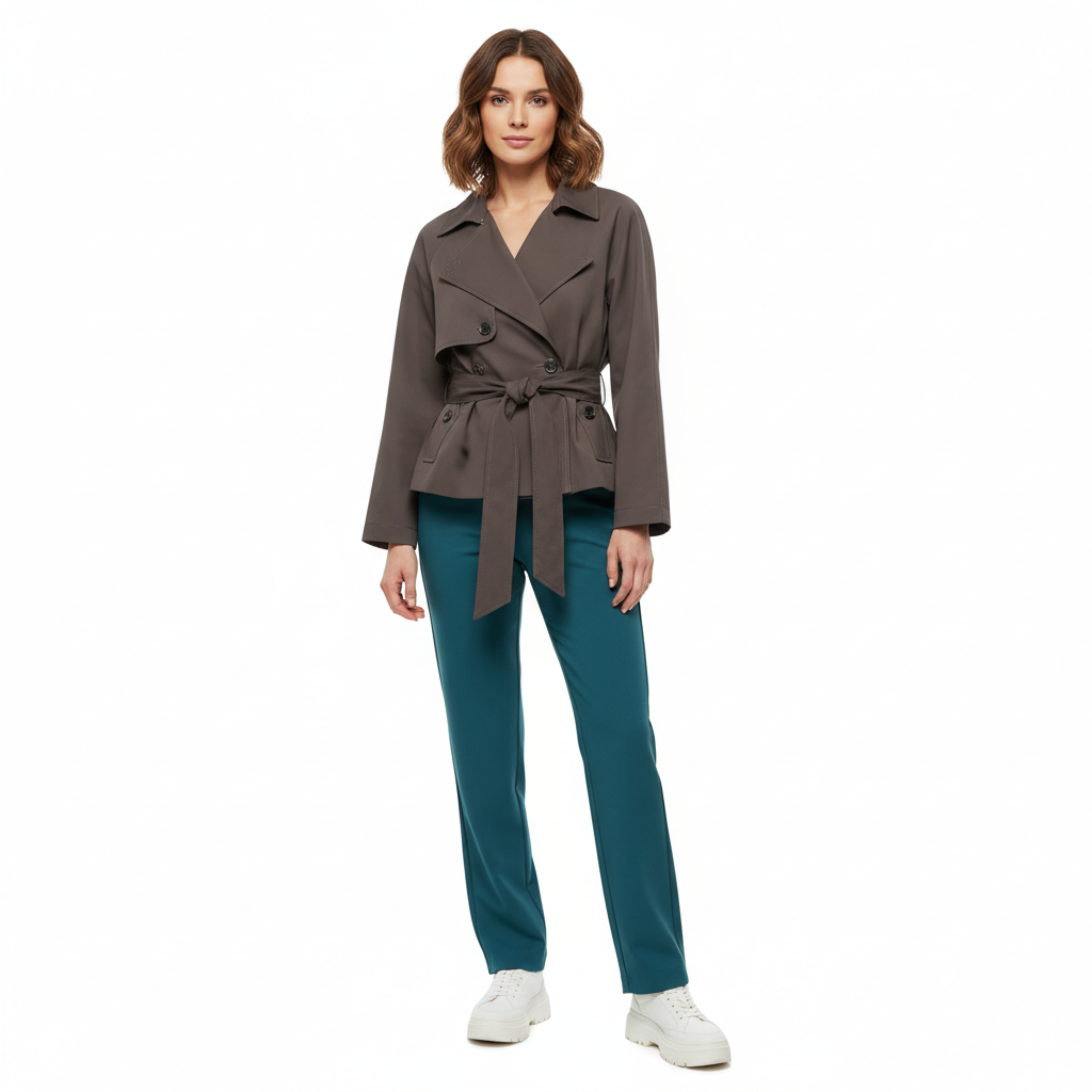 Short Polyester Trench Coat with Belt and Notched Collar for Women