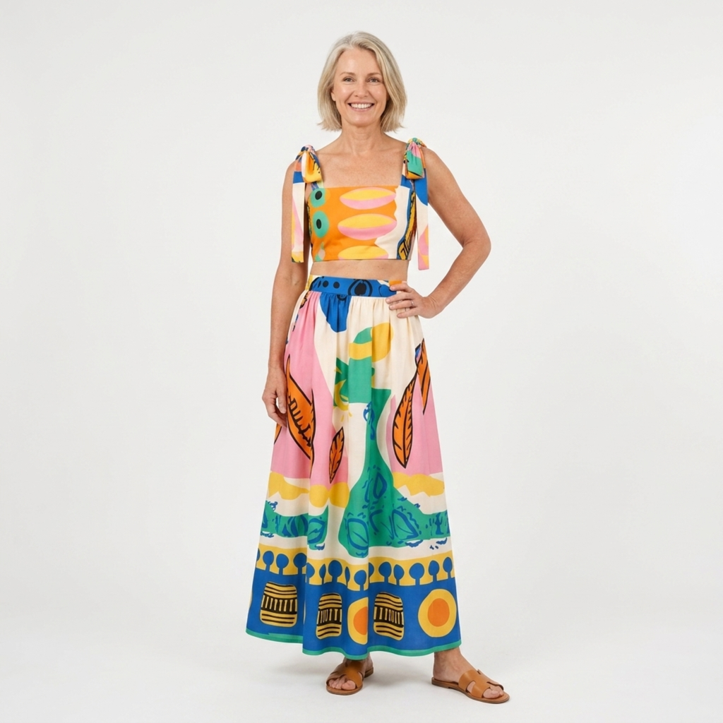 Printed crop top and long skirt set — two pieces — summer vacation