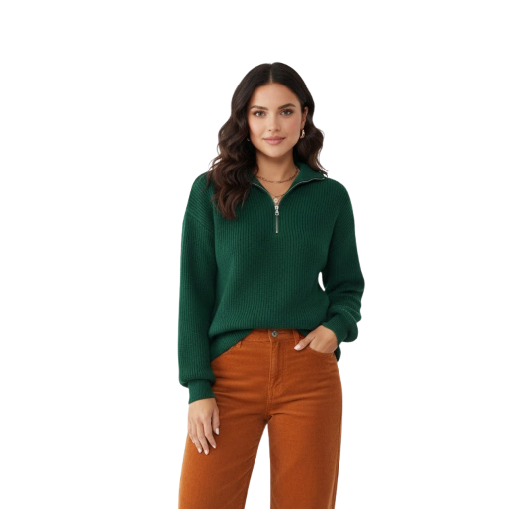 Elegant women's sweater with high collar and half zipper, soft knit, casual