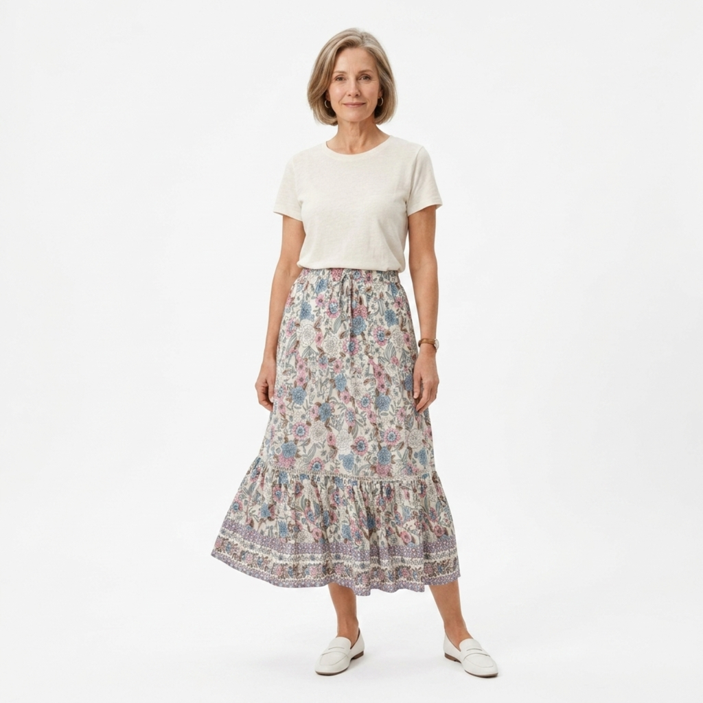 Long floral maxi skirt — high waist with lacing — summer vacation