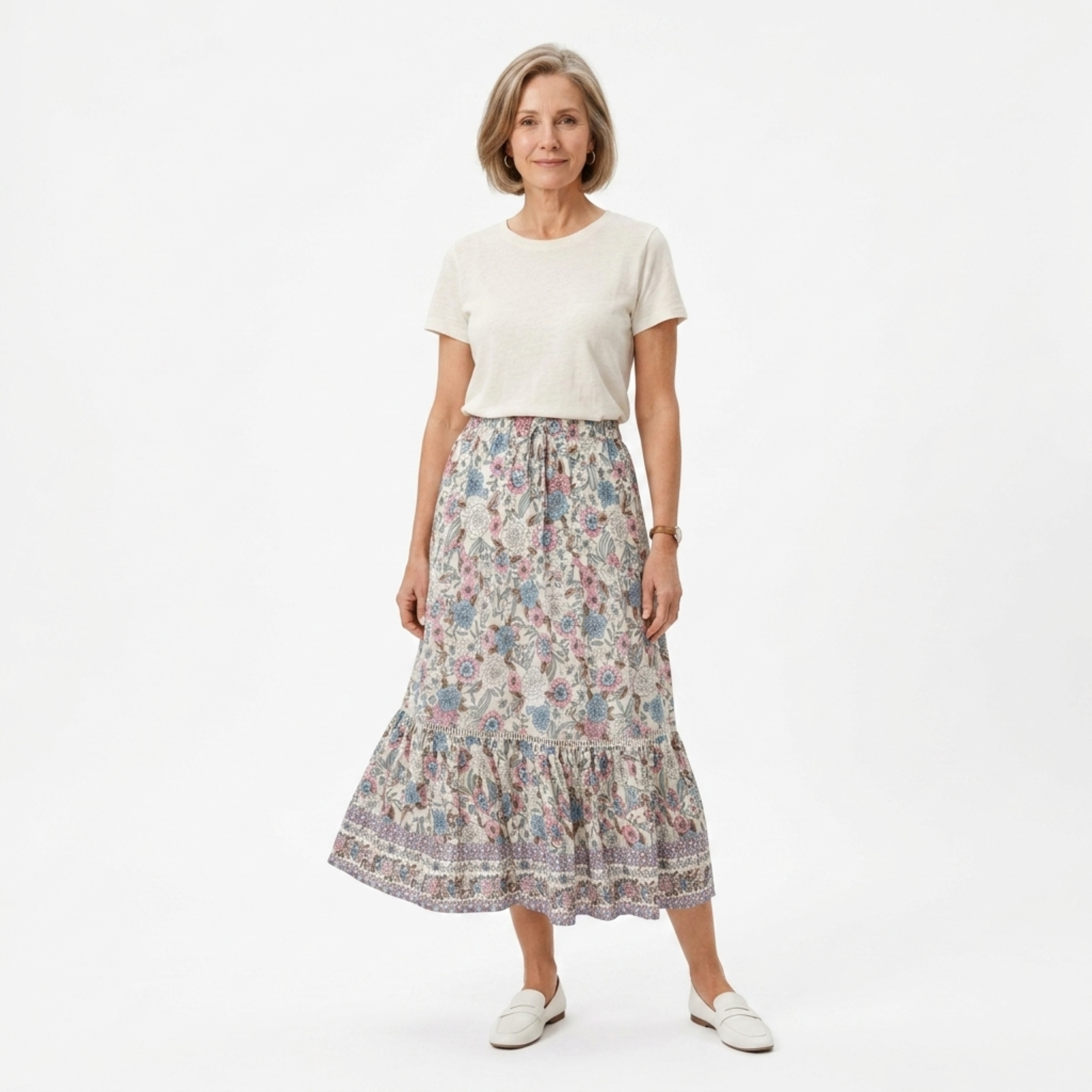 Long floral maxi skirt — high waist with lacing — summer vacation