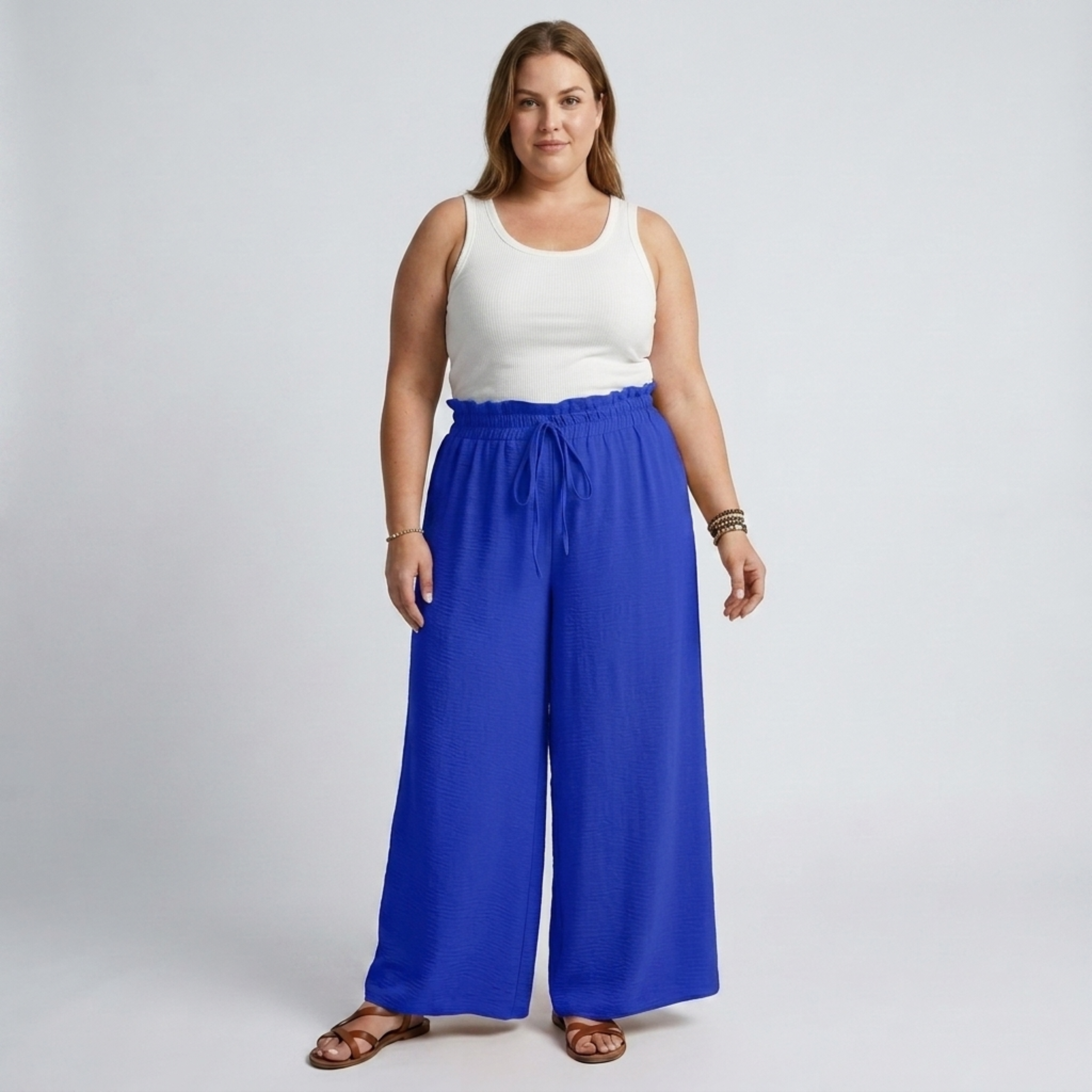 Wide large size pants for women with elastic waistband and drawstring