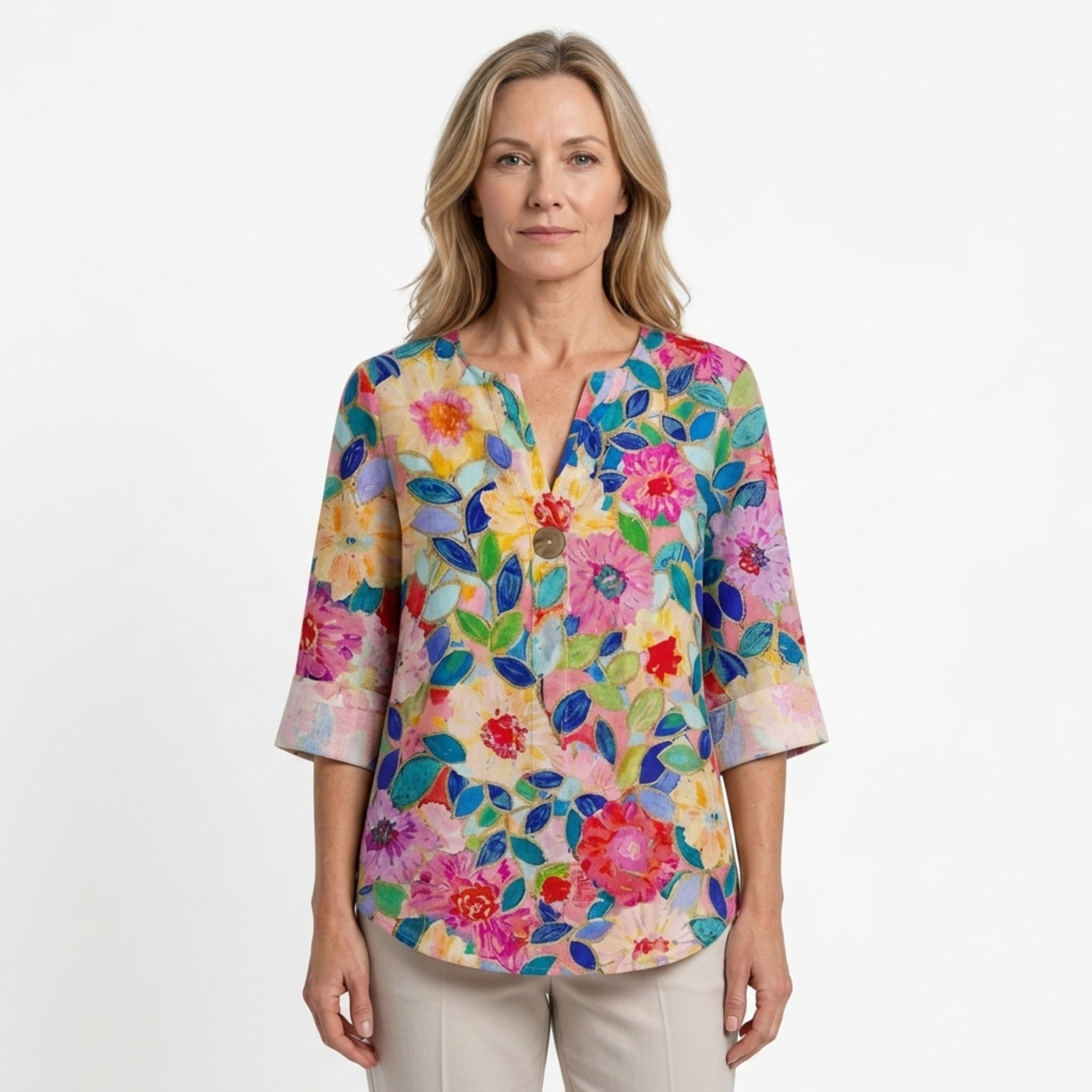 Floral print blouse — three-quarter buttoned sleeves — casual