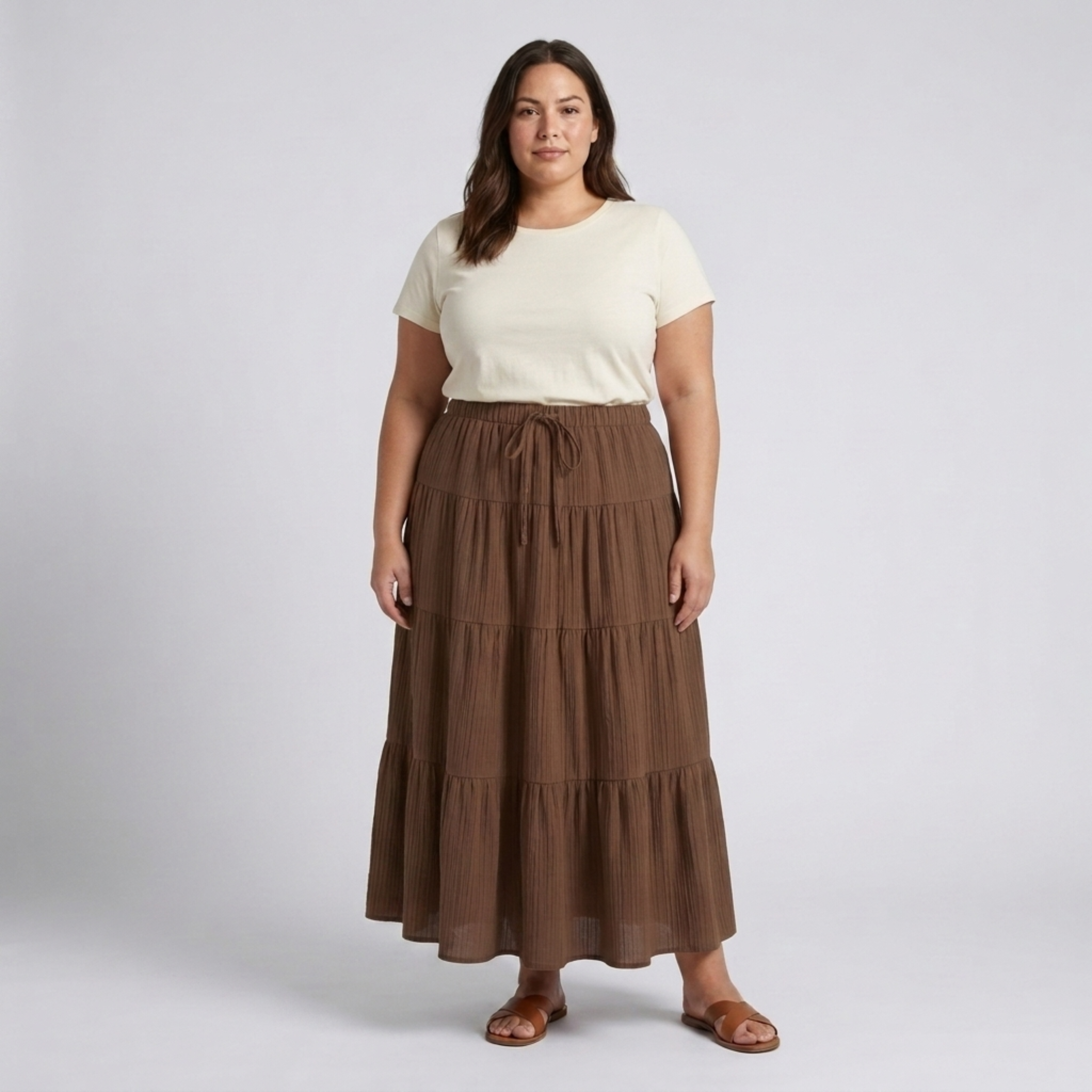 Plus size long skirt for women with panels and drawstring