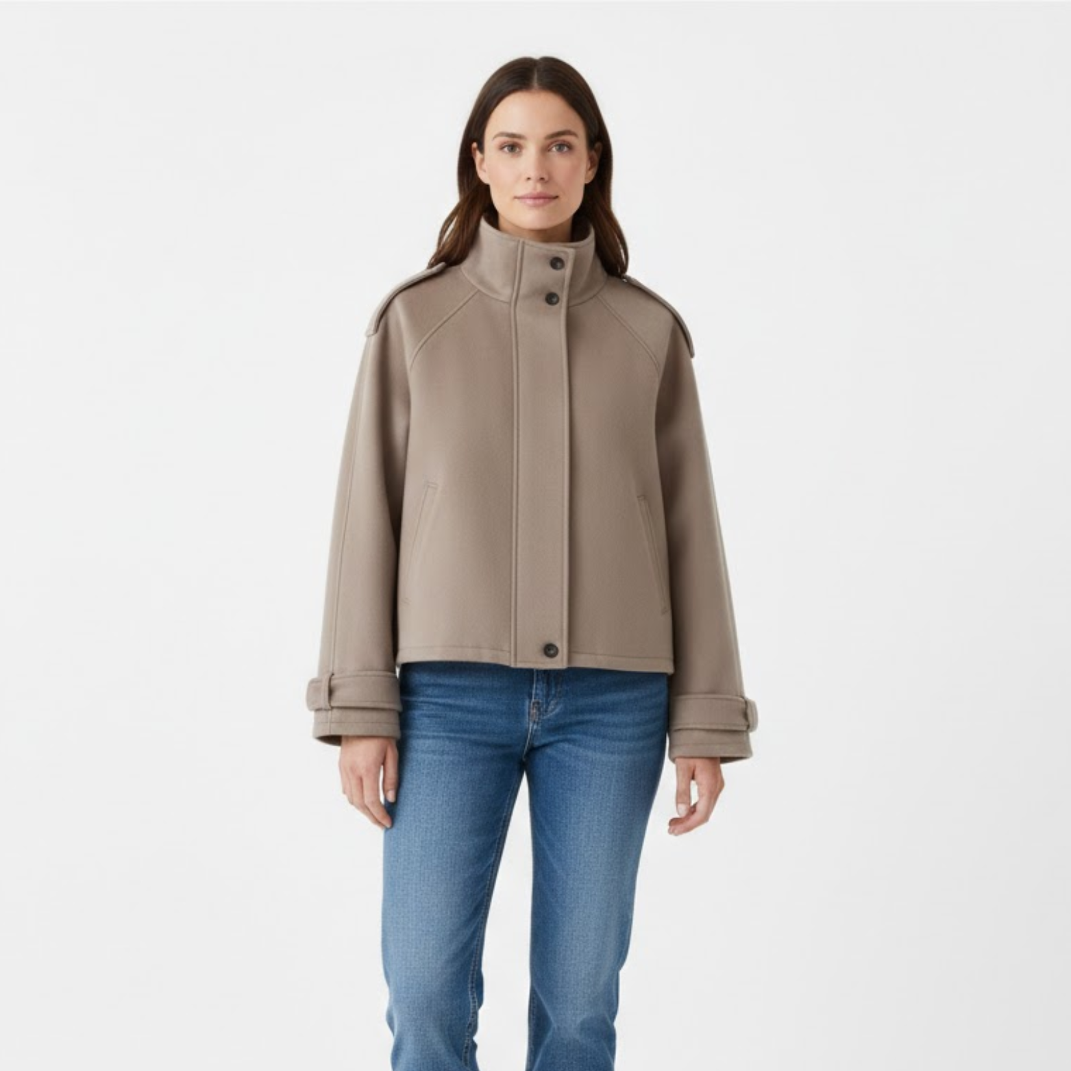 Short wool jacket for women with stand-up collar and contrasting buttons