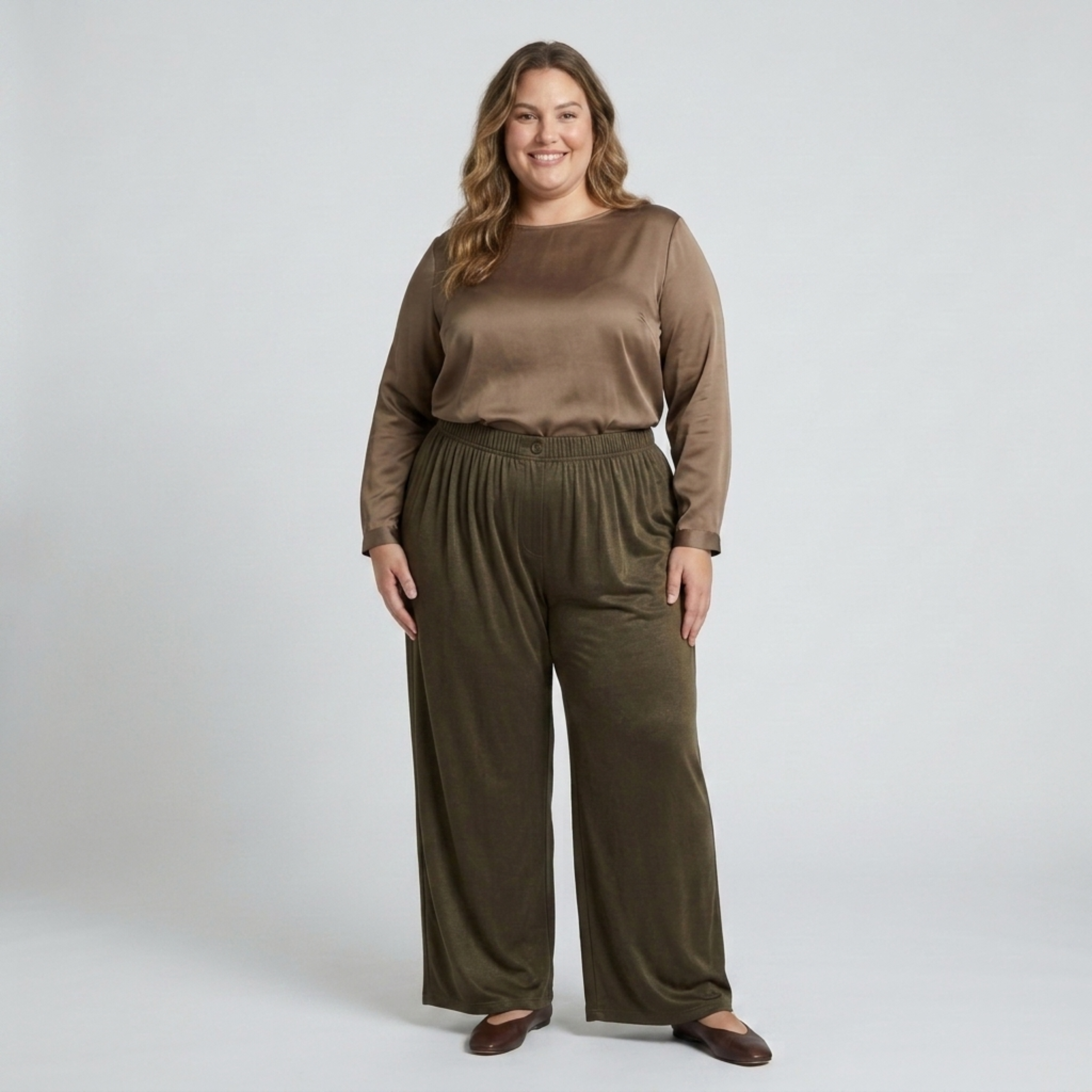 Wide large size pants for women with elastic draped fluid waist