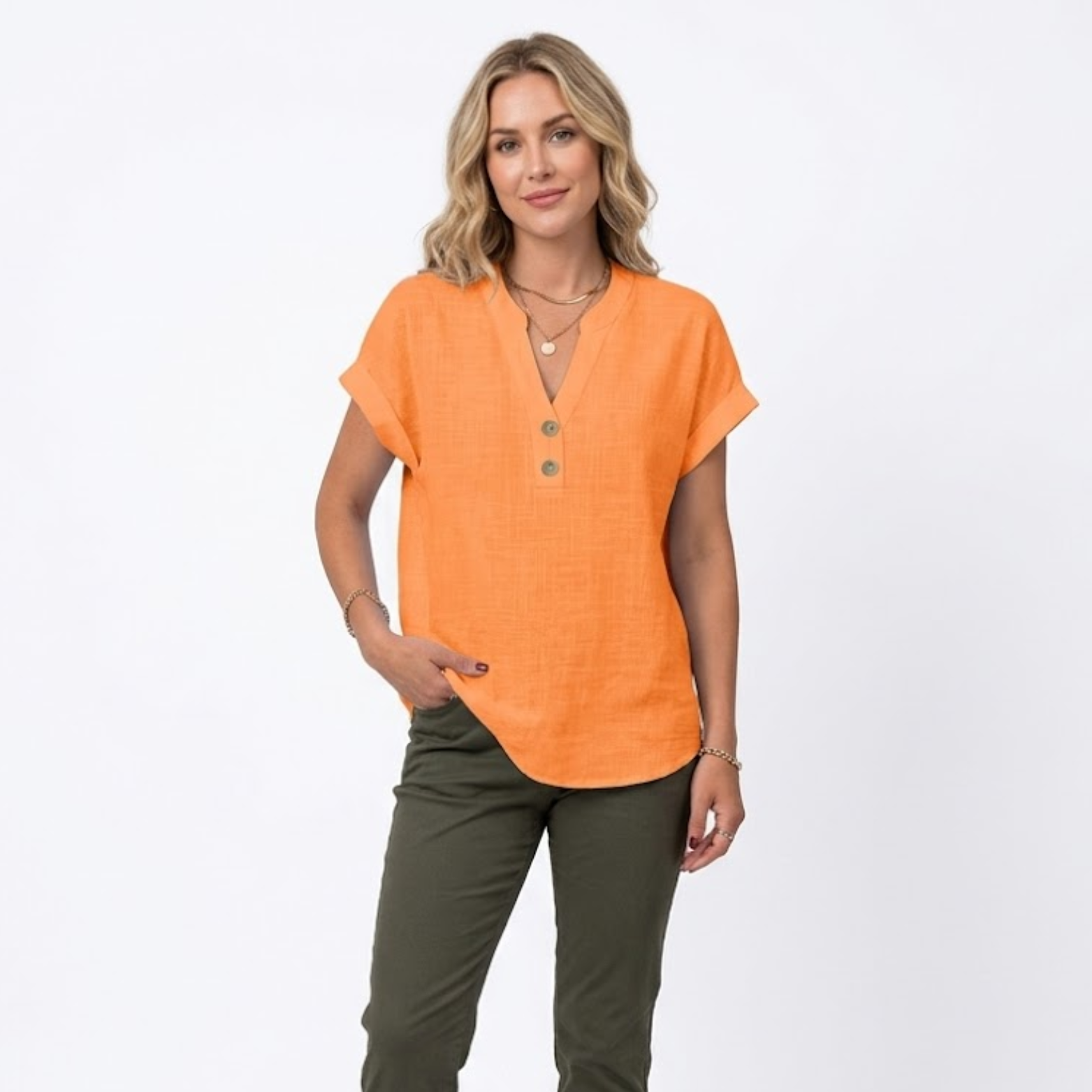 Cotton and Linen V-Neck Short Sleeve Blouse for Women