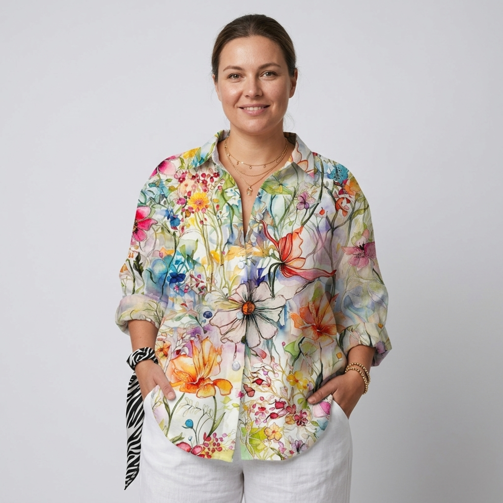 Plus size floral print long sleeve blouse for women
