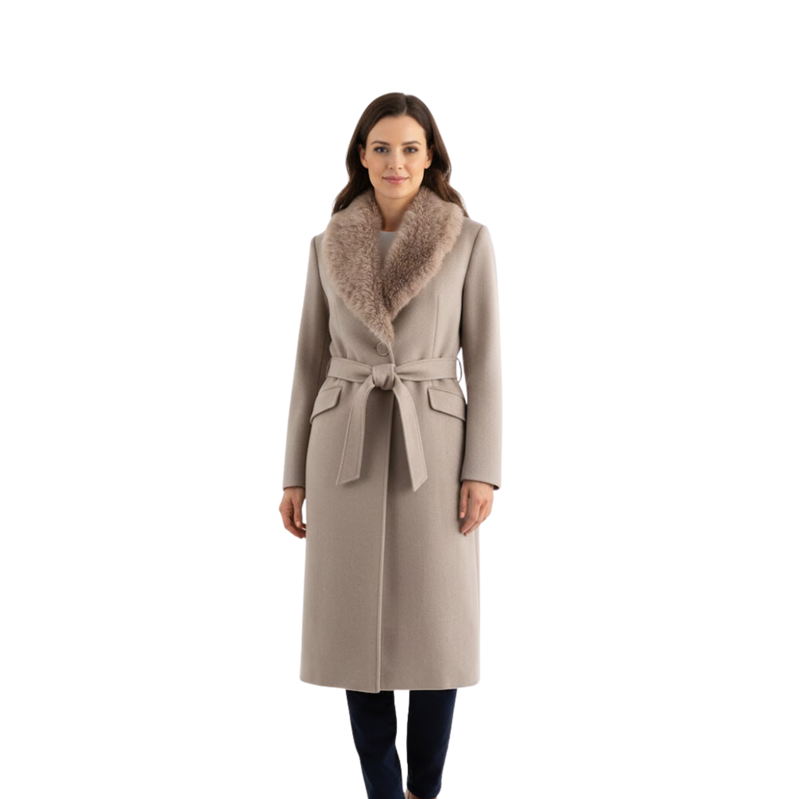 Women's Warm Belted Coat with Fur Collar for Autumn and Winter