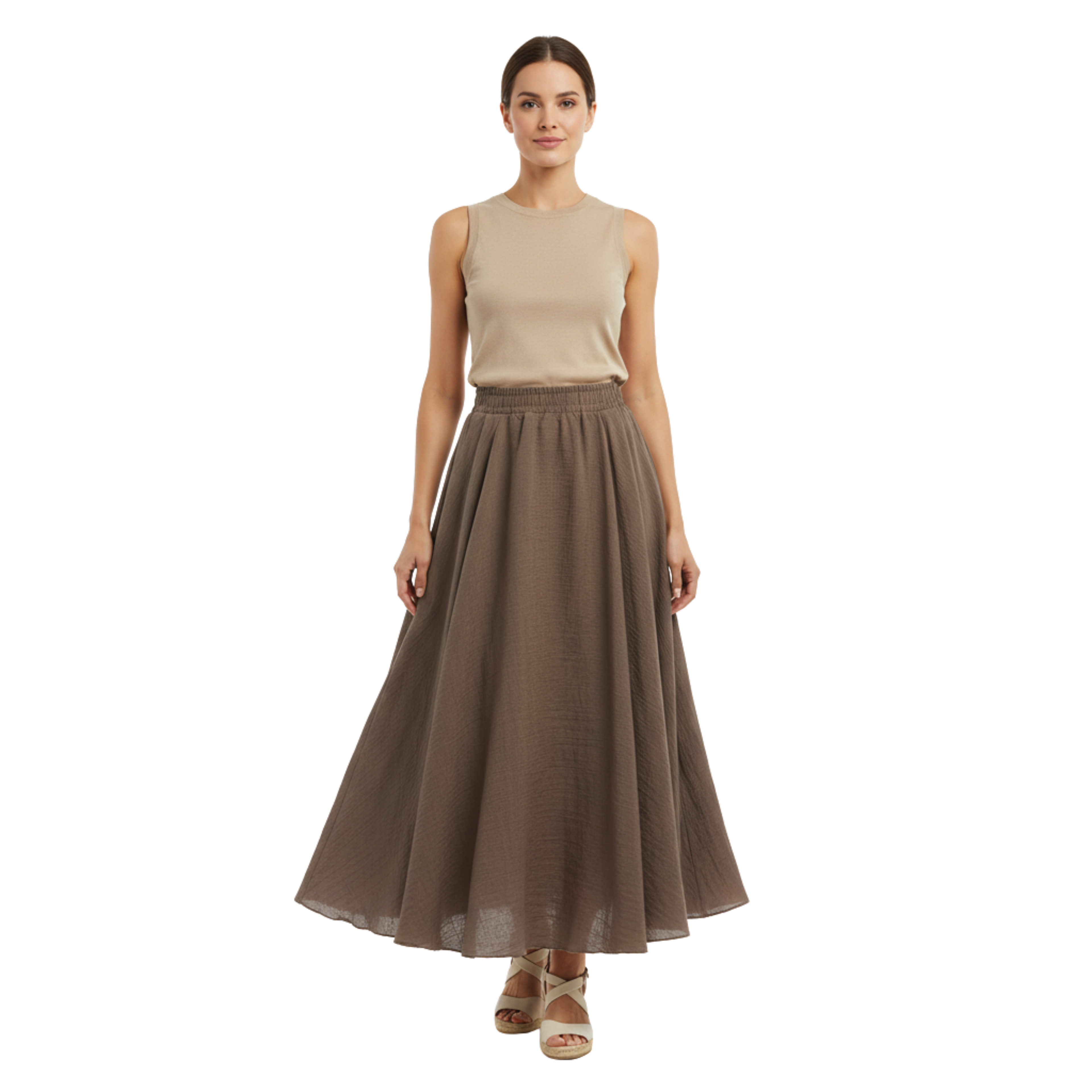 Women's Maxi Skirt in Cotton and Linen, High Elastic Waist, Flared Cut, Ankle Length
