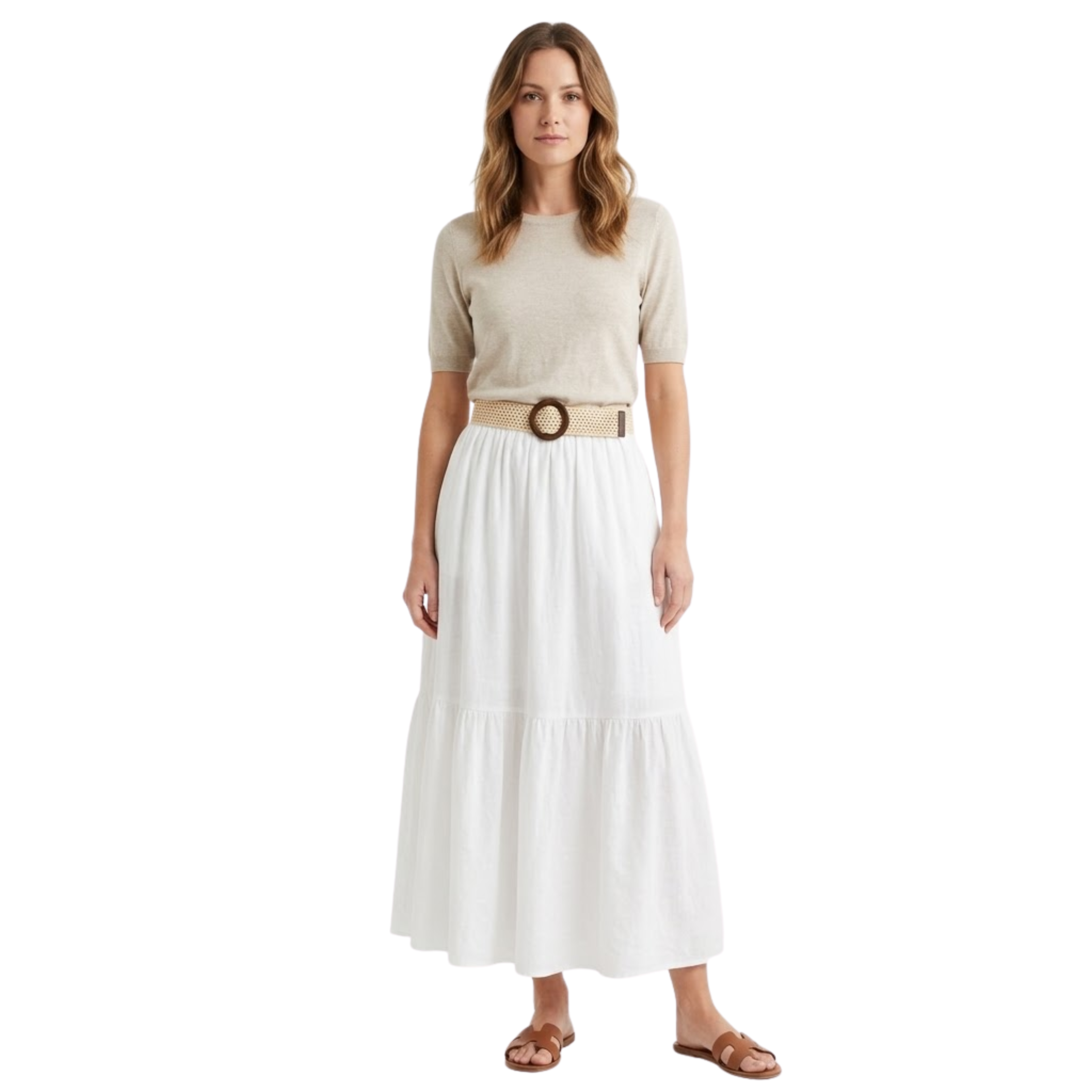 High-Waisted Flared Mid-Length Skirt for Women with Belt and A-Line Cut