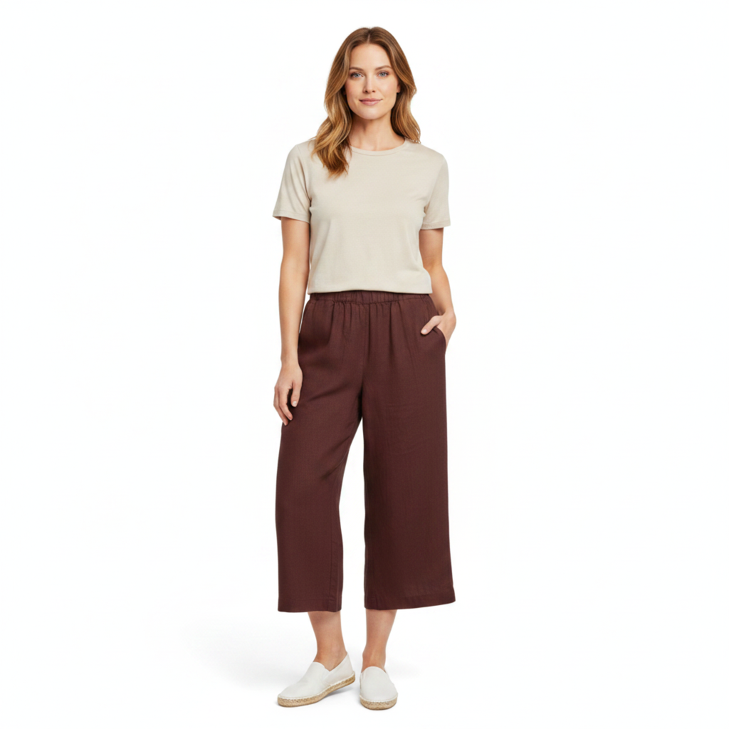 Women's Wide-Leg Linen Pants with Elastic Waist and Short Cut