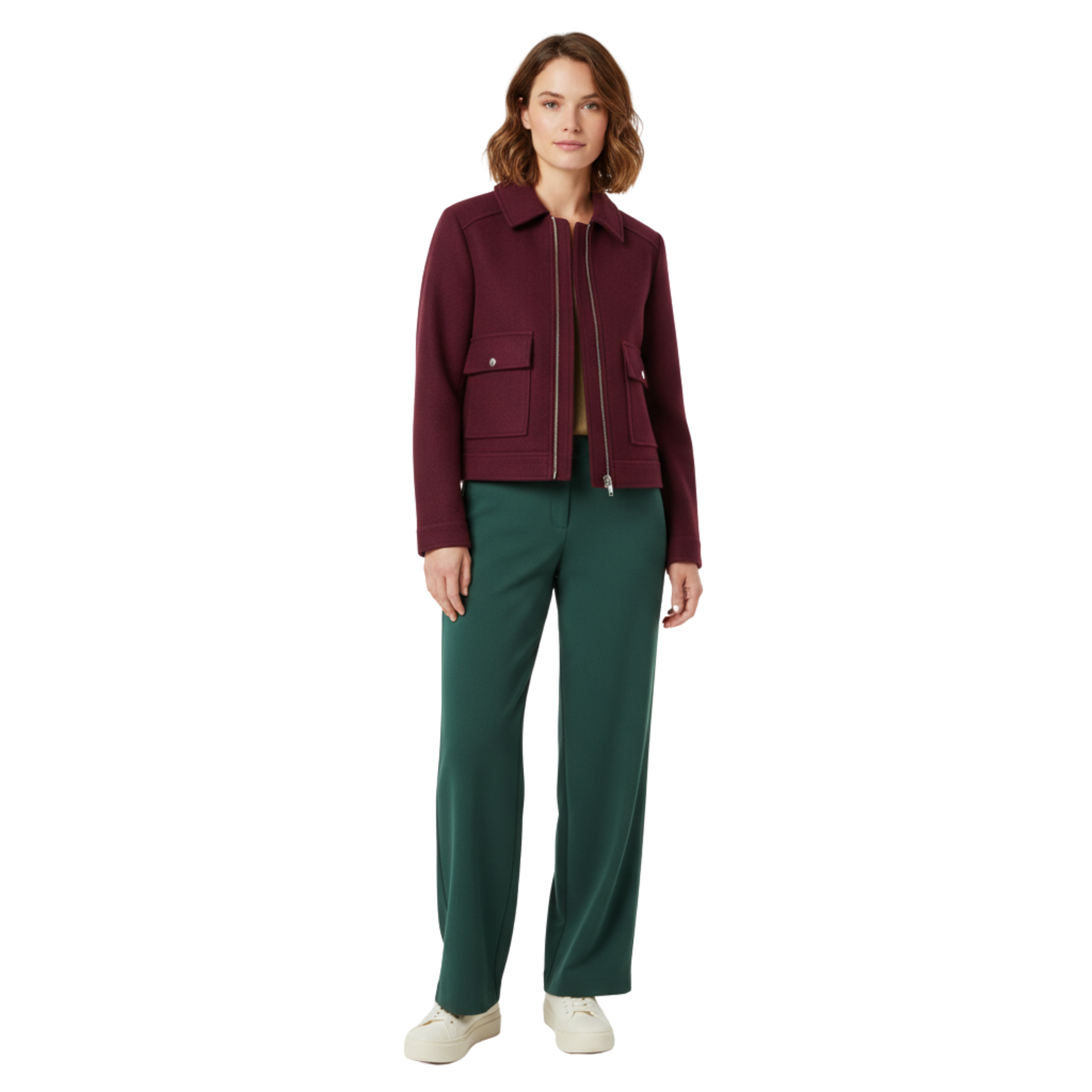 Short Polyester Jacket with Turn-Down Collar and Zipper Closure for Women