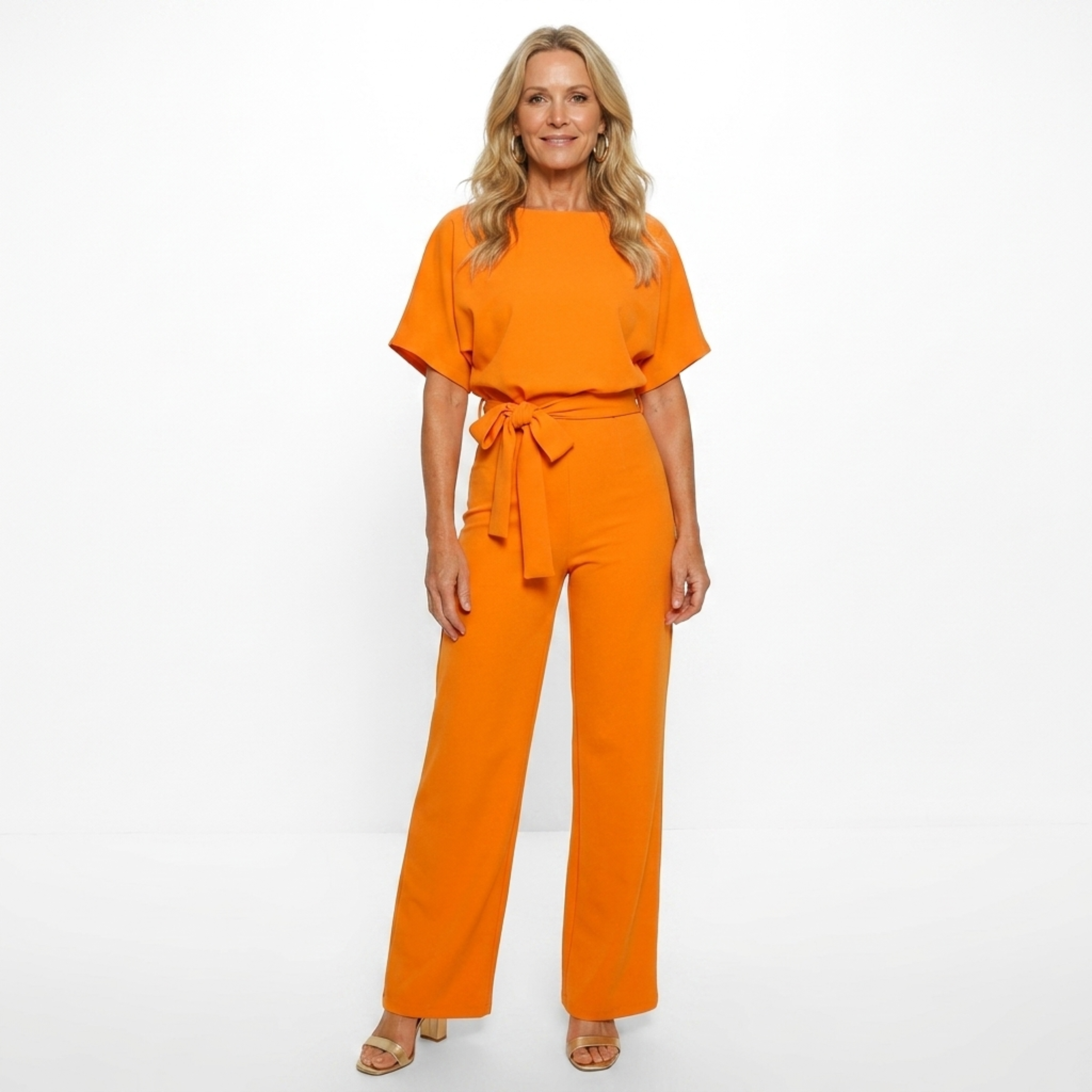 Wide-leg jumpsuit — short sleeves and belt — everyday