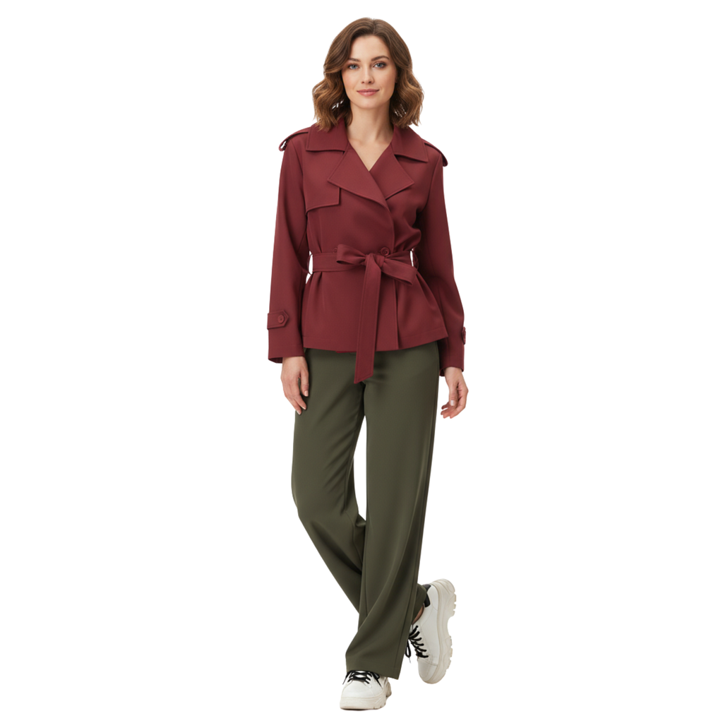 Short Polyester Trench Coat with Belt and Notched Collar for Women