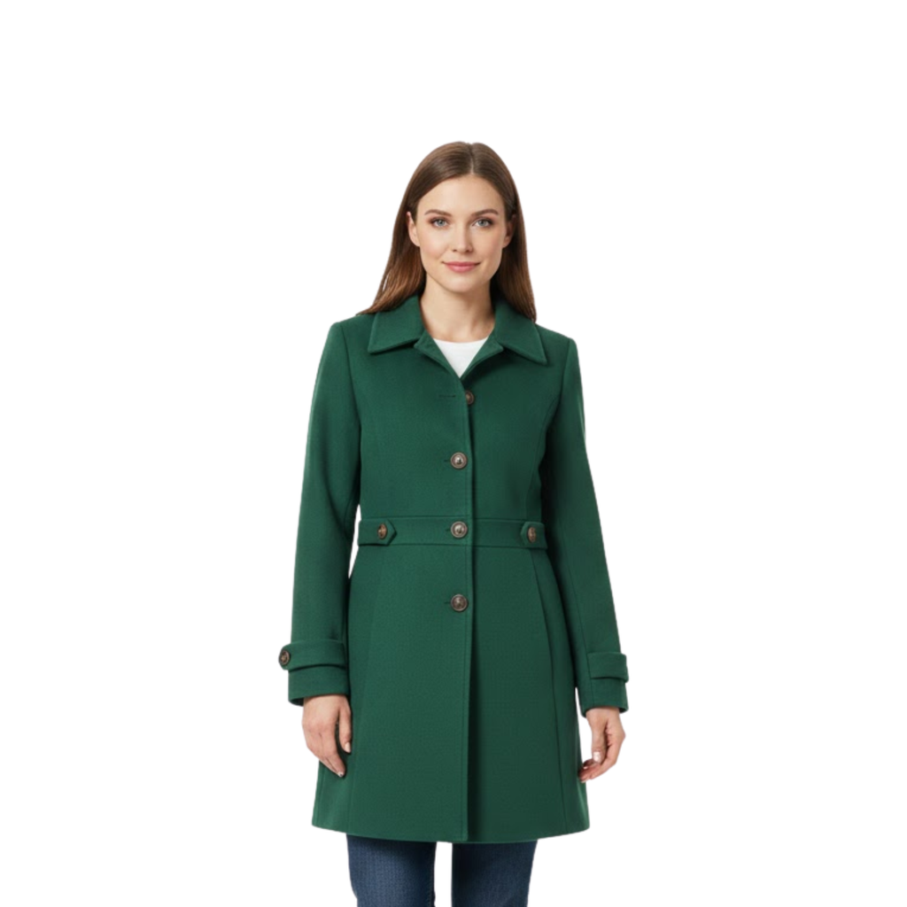 Mid-length wool coat with tailored collar and multiple buttons