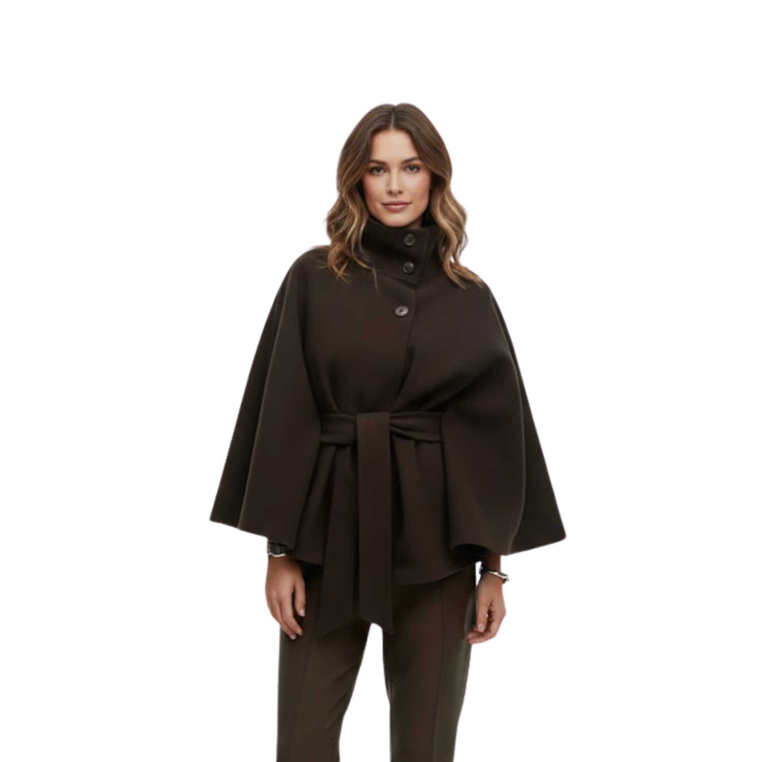 Structured cape coat with belt and standing collar