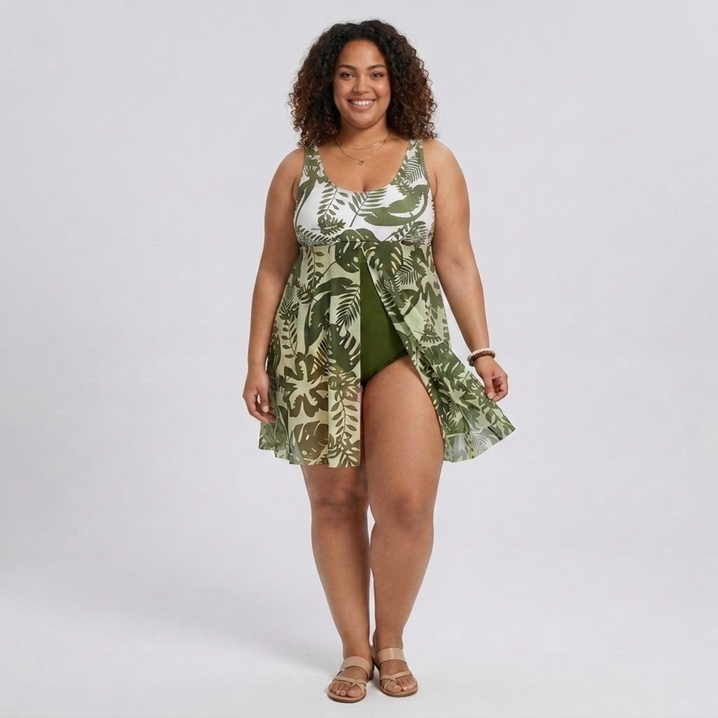 Plus Size One-Piece Swimsuit for Women with Integrated Floral Print Sarong