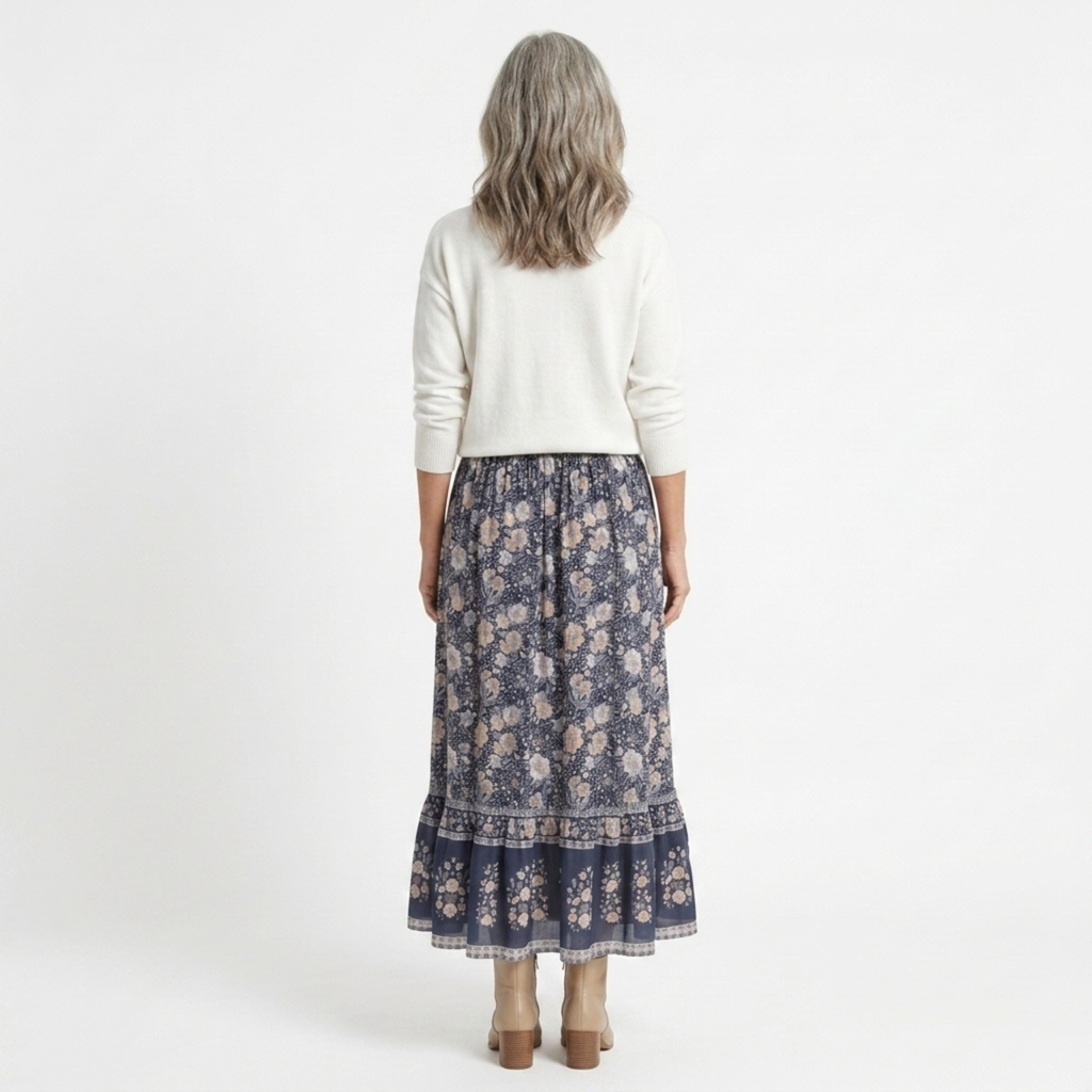 Long floral maxi skirt — trapeze cut with tassels — summer vacation