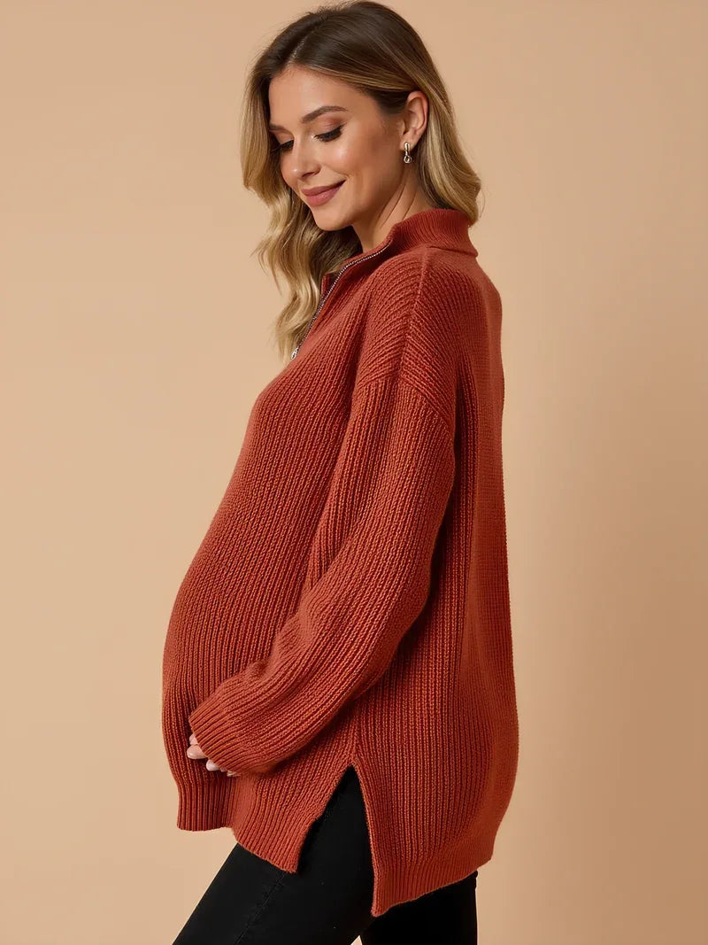 Zipped Maternity Sweater with High Collar