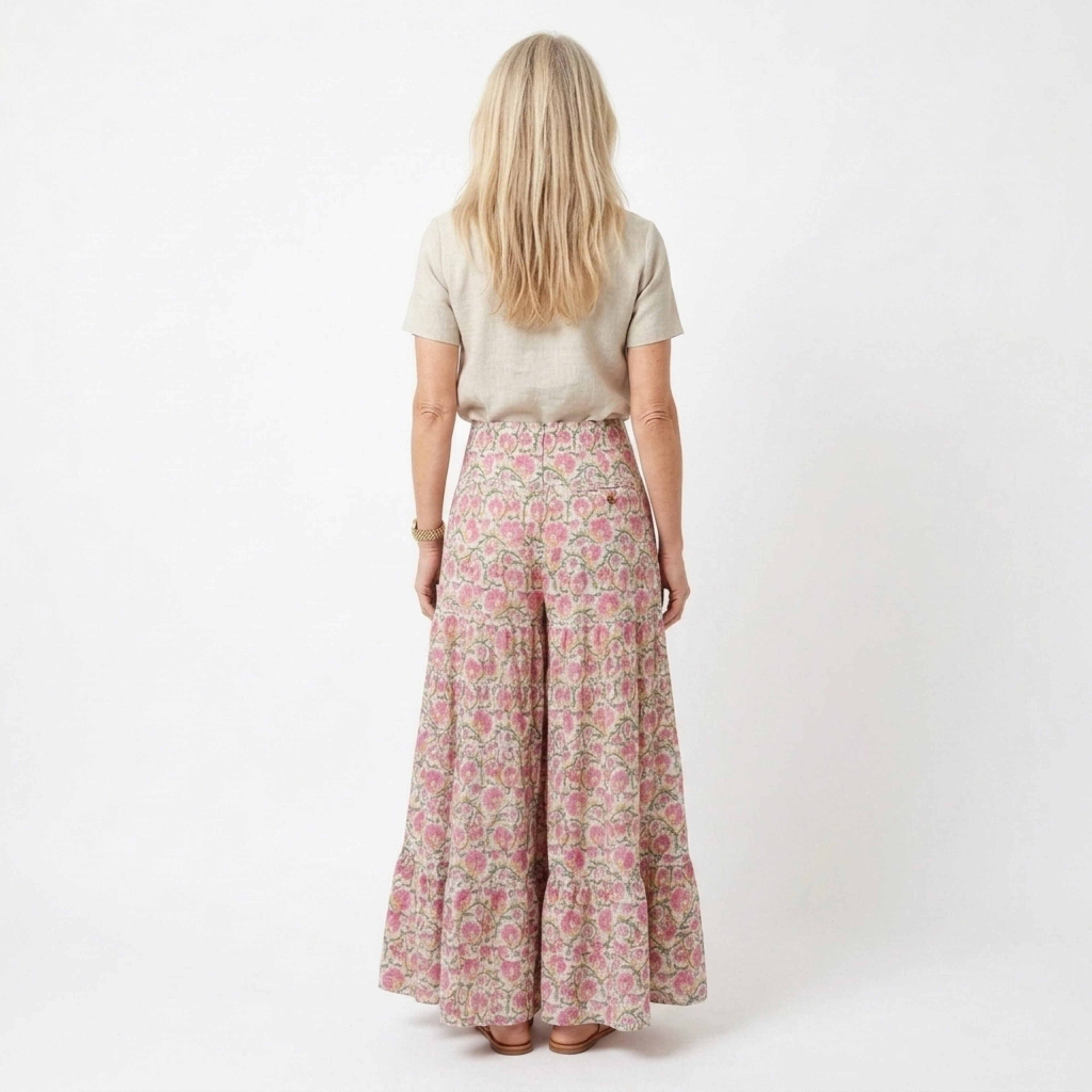 Long floral maxi skirt — high-waisted flared — summer vacation