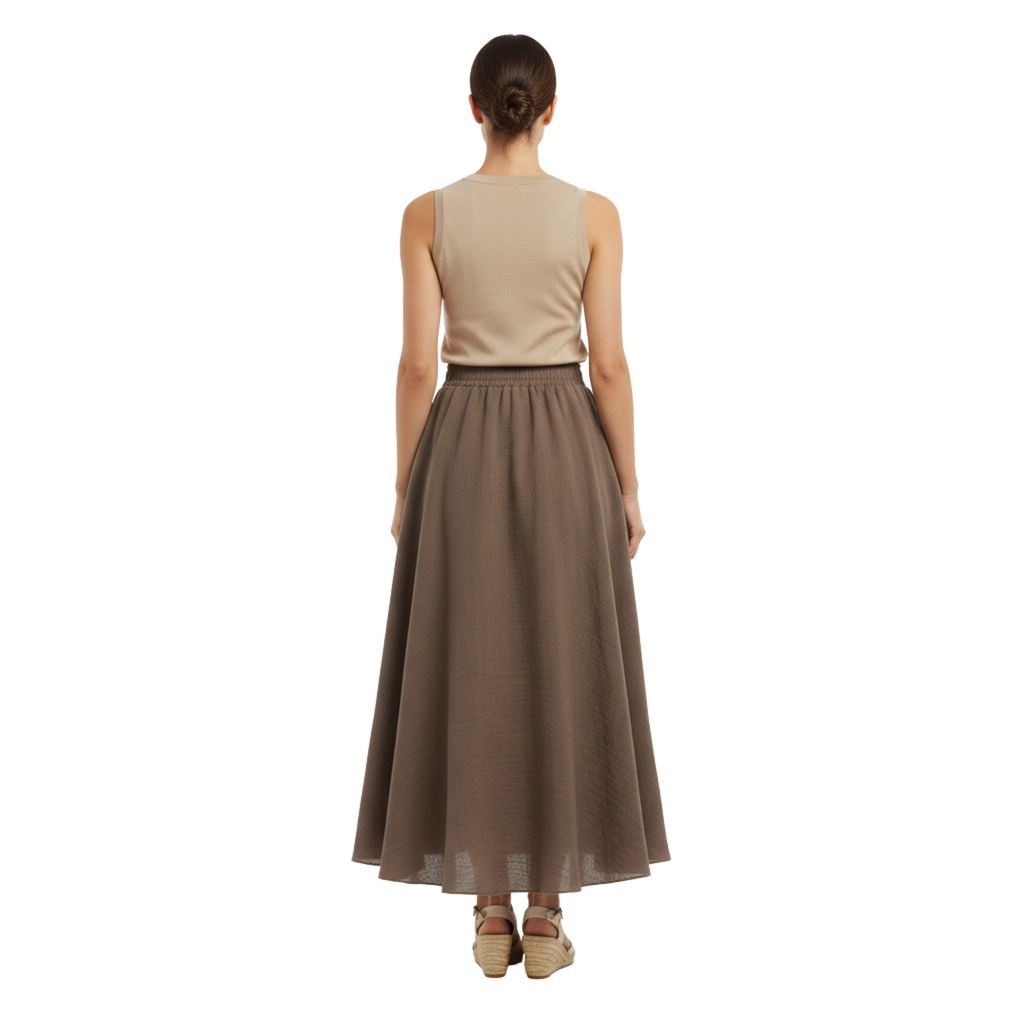 Women's Maxi Skirt in Cotton and Linen, High Elastic Waist, Flared Cut, Ankle Length