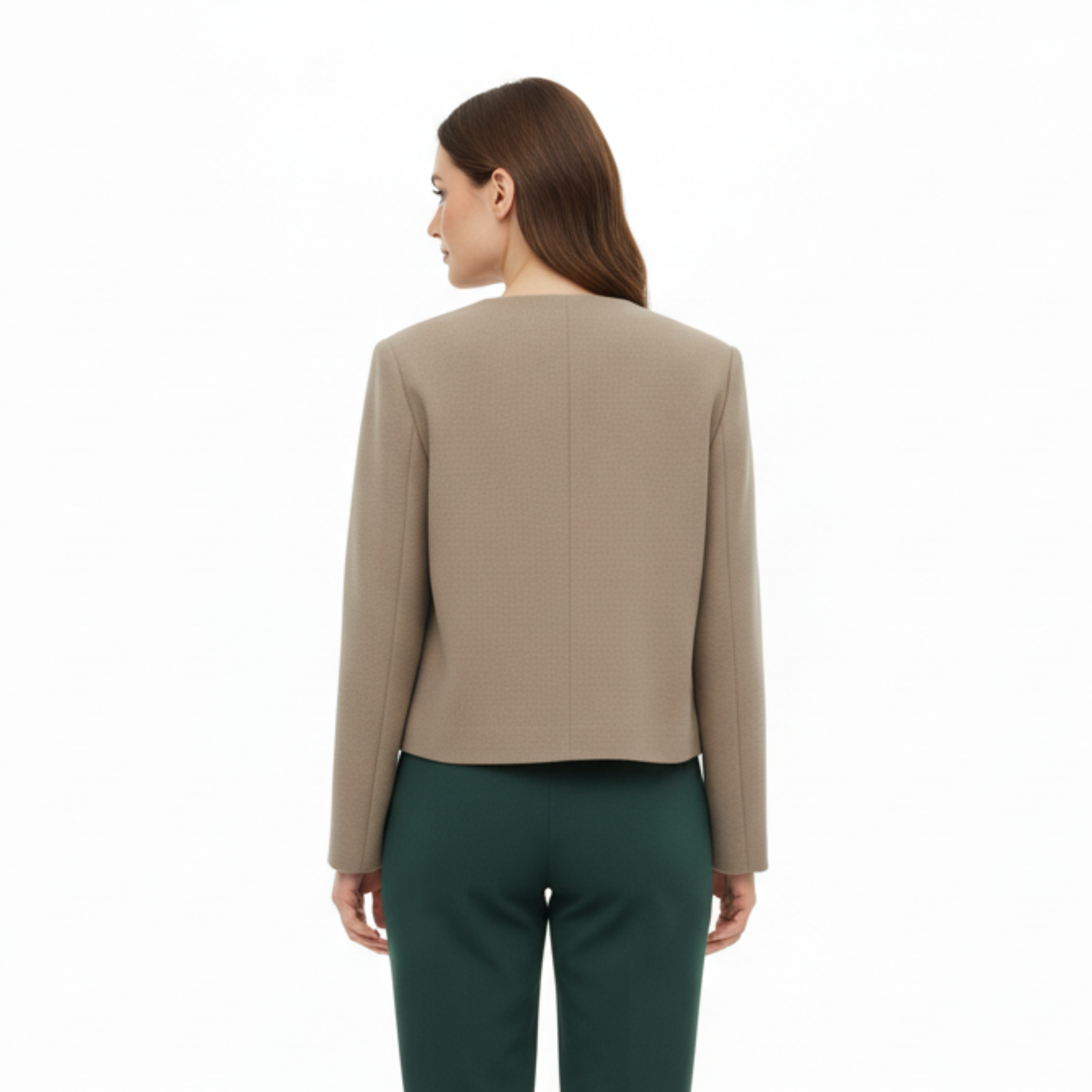 Polyester Round Neck Jacket with Gold Buttons and Pockets for Women