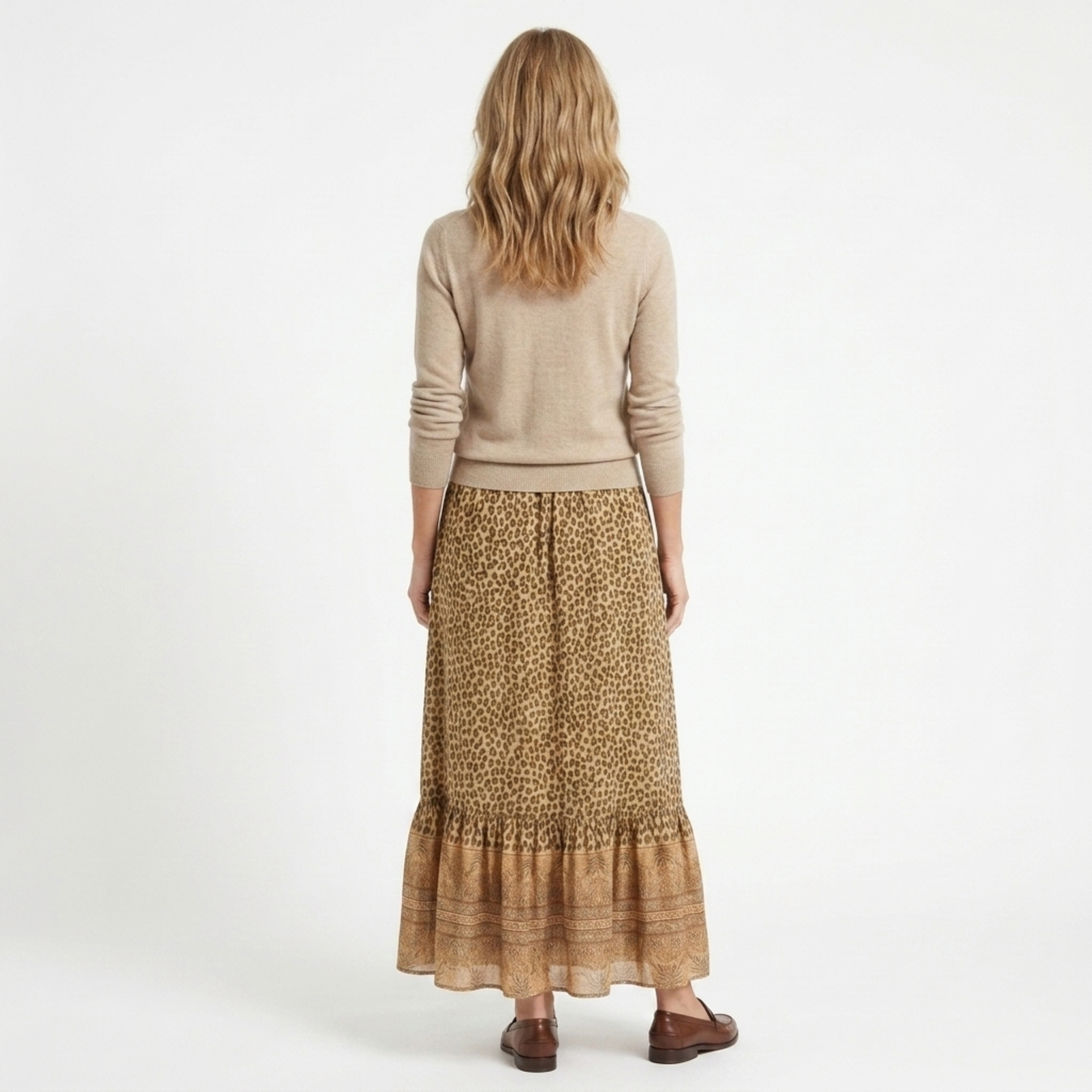 Long cotton maxi skirt — leopard print with ruffles — summer vacation