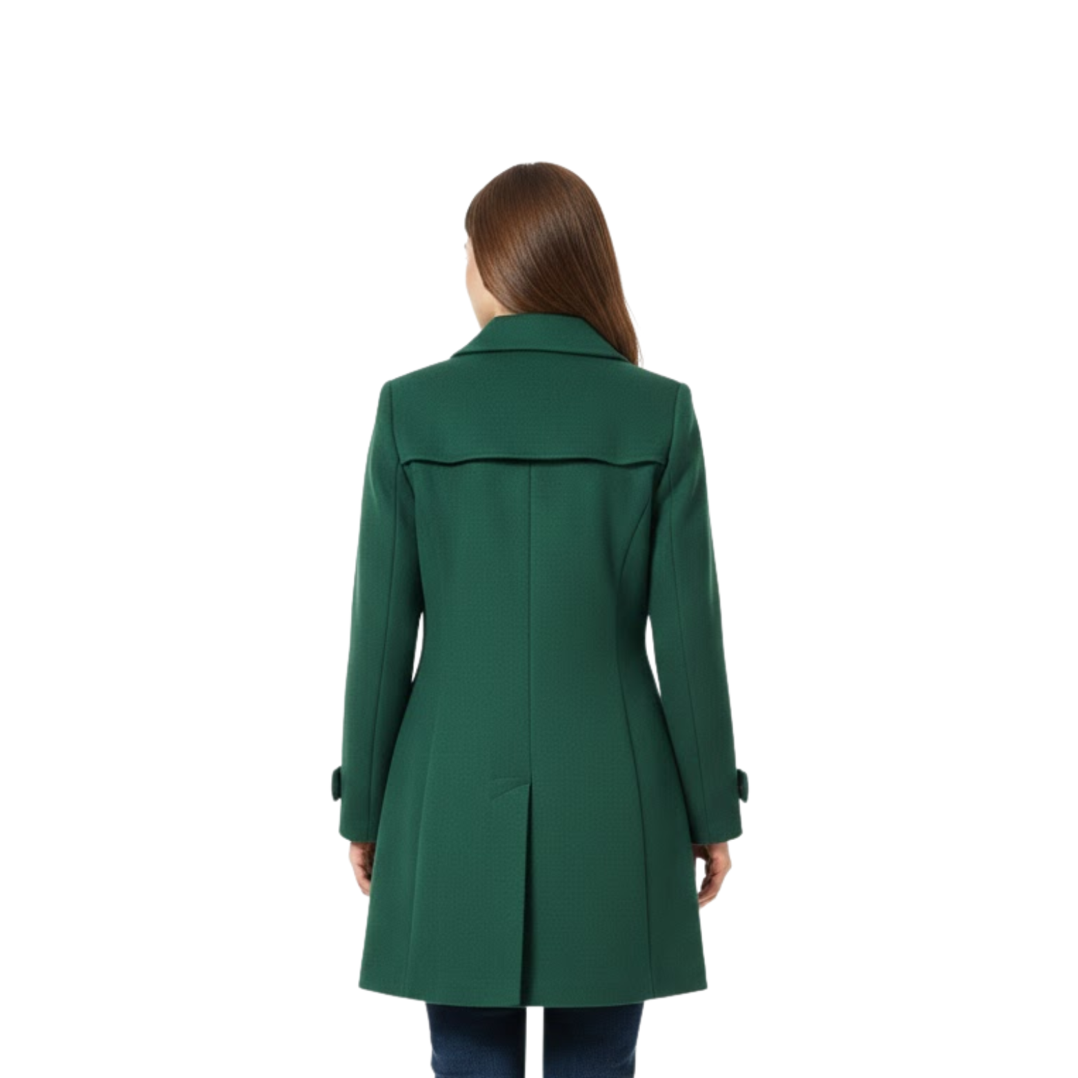 Mid-length wool coat with tailored collar and multiple buttons