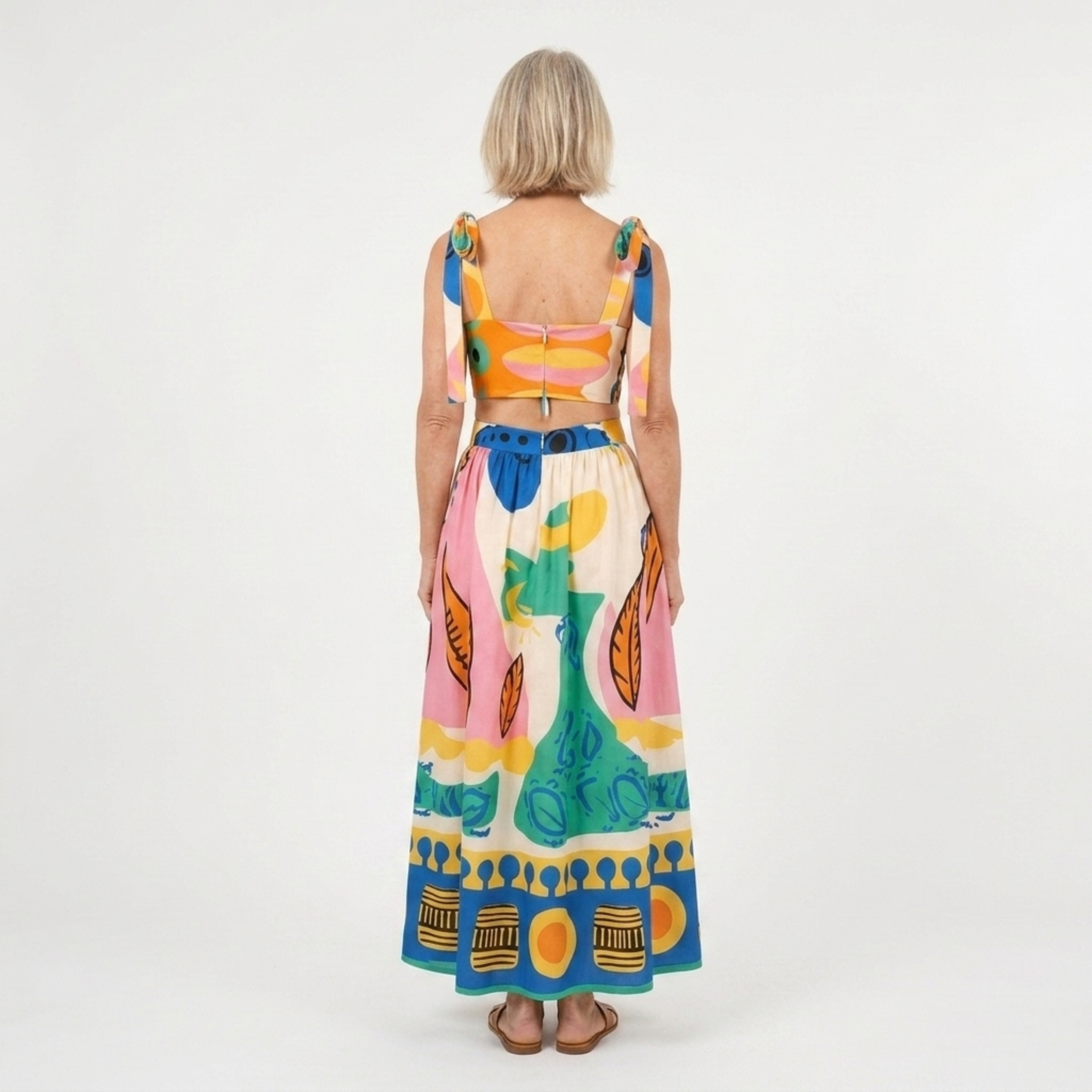 Printed crop top and long skirt set — two pieces — summer vacation