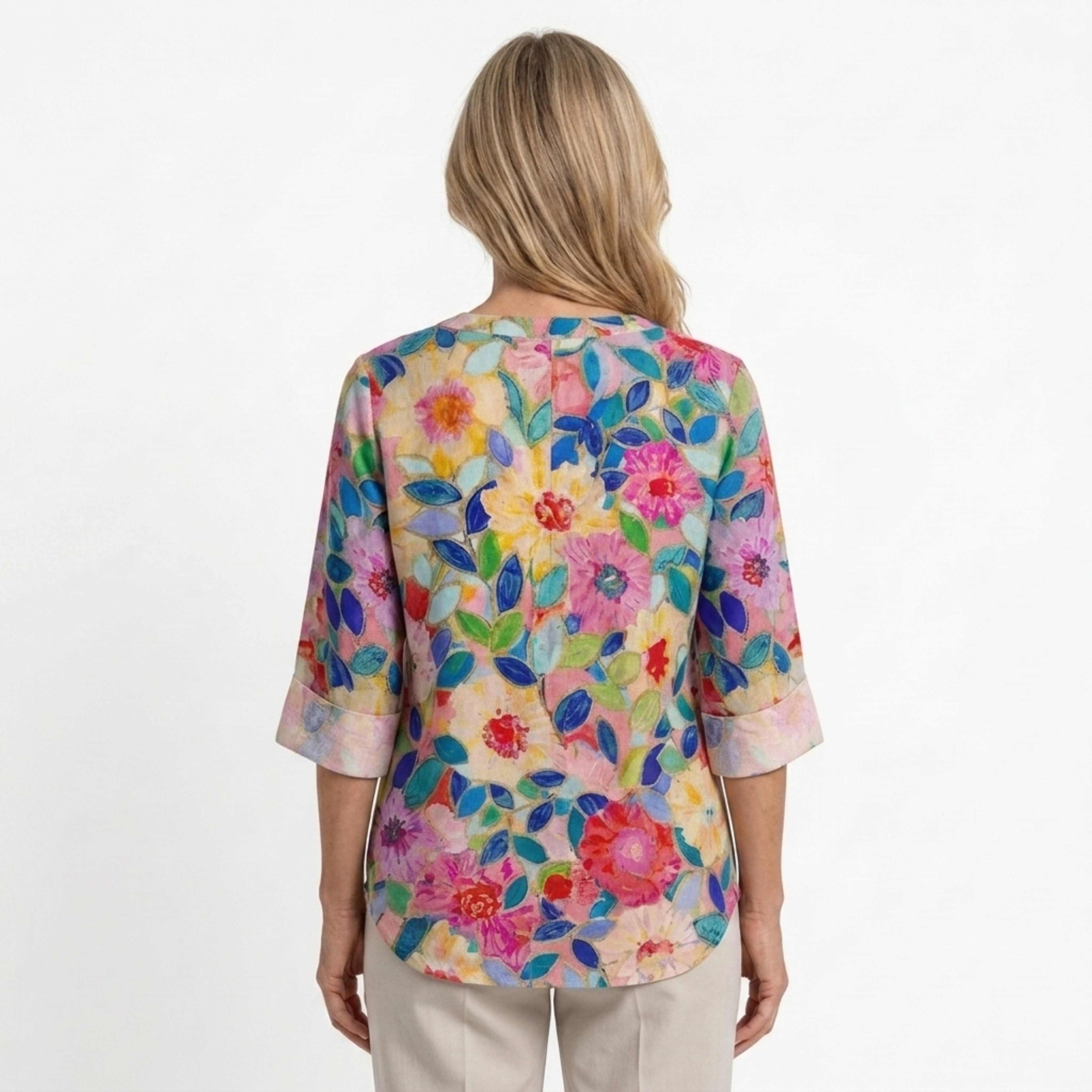 Floral print blouse — three-quarter buttoned sleeves — casual