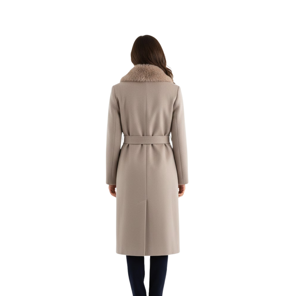 Women's Warm Belted Coat with Fur Collar for Autumn and Winter