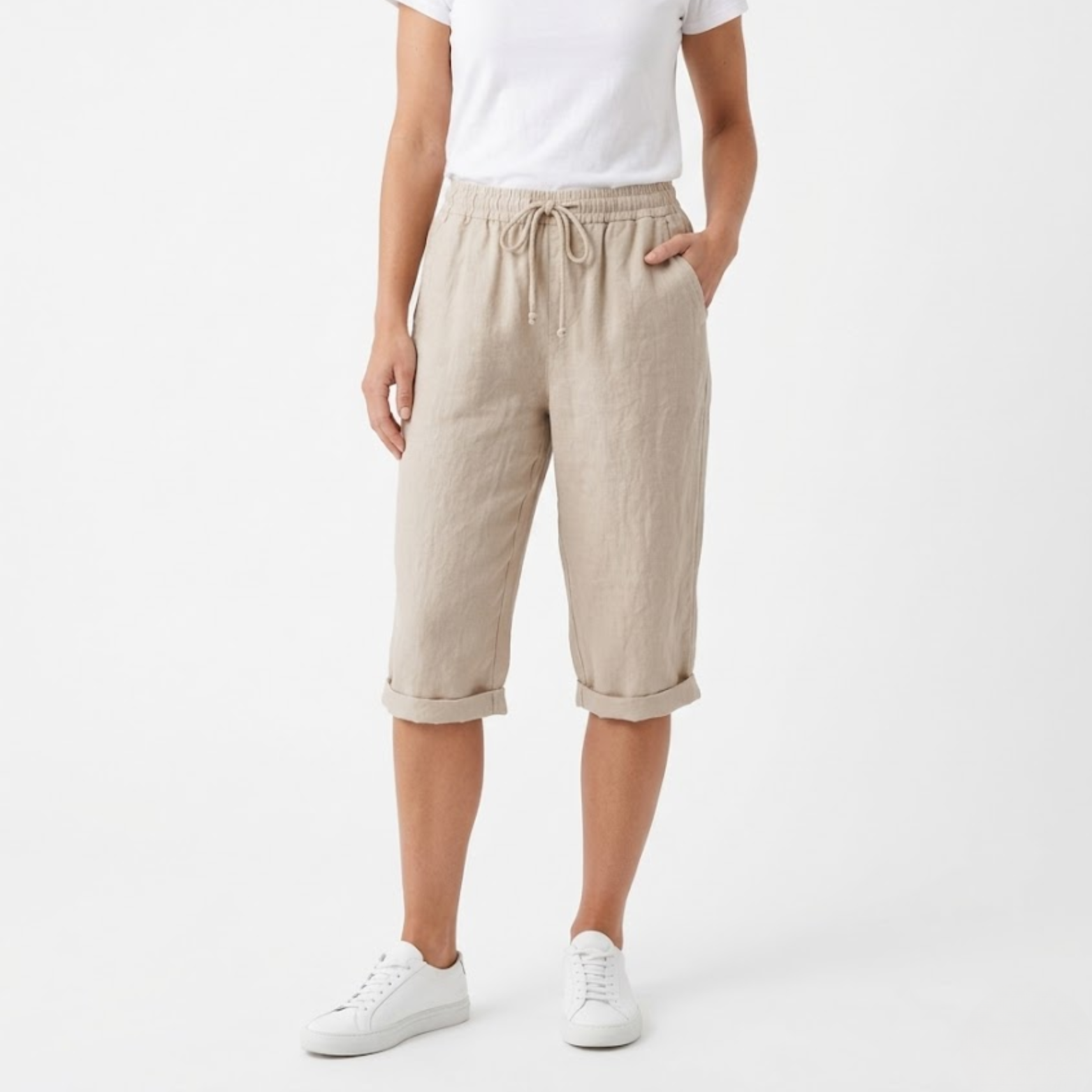 Cotton and Linen Shorts with Elastic Waist and Pockets for Women
