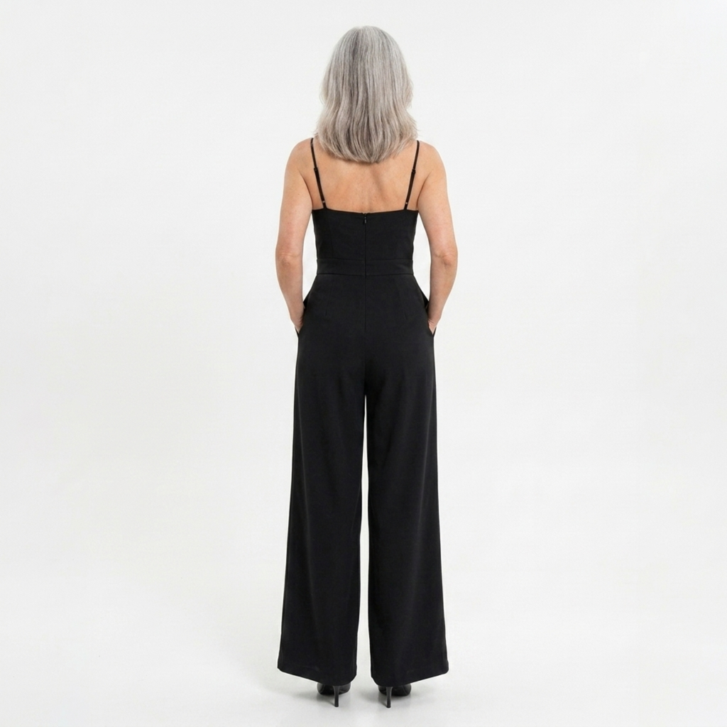 Women's high-waisted jumpsuit — wide legs and sweetheart neckline — evening