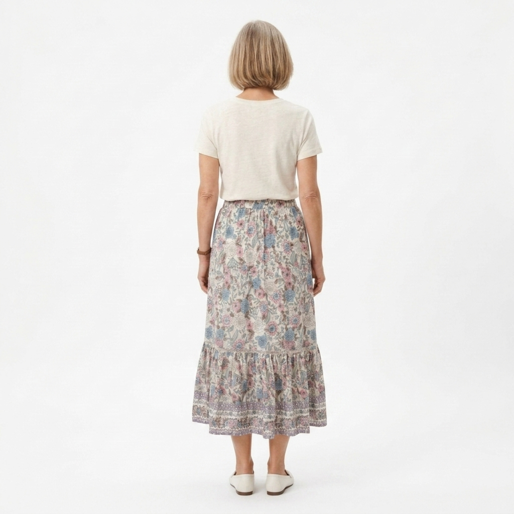 Long floral maxi skirt — high waist with lacing — summer vacation