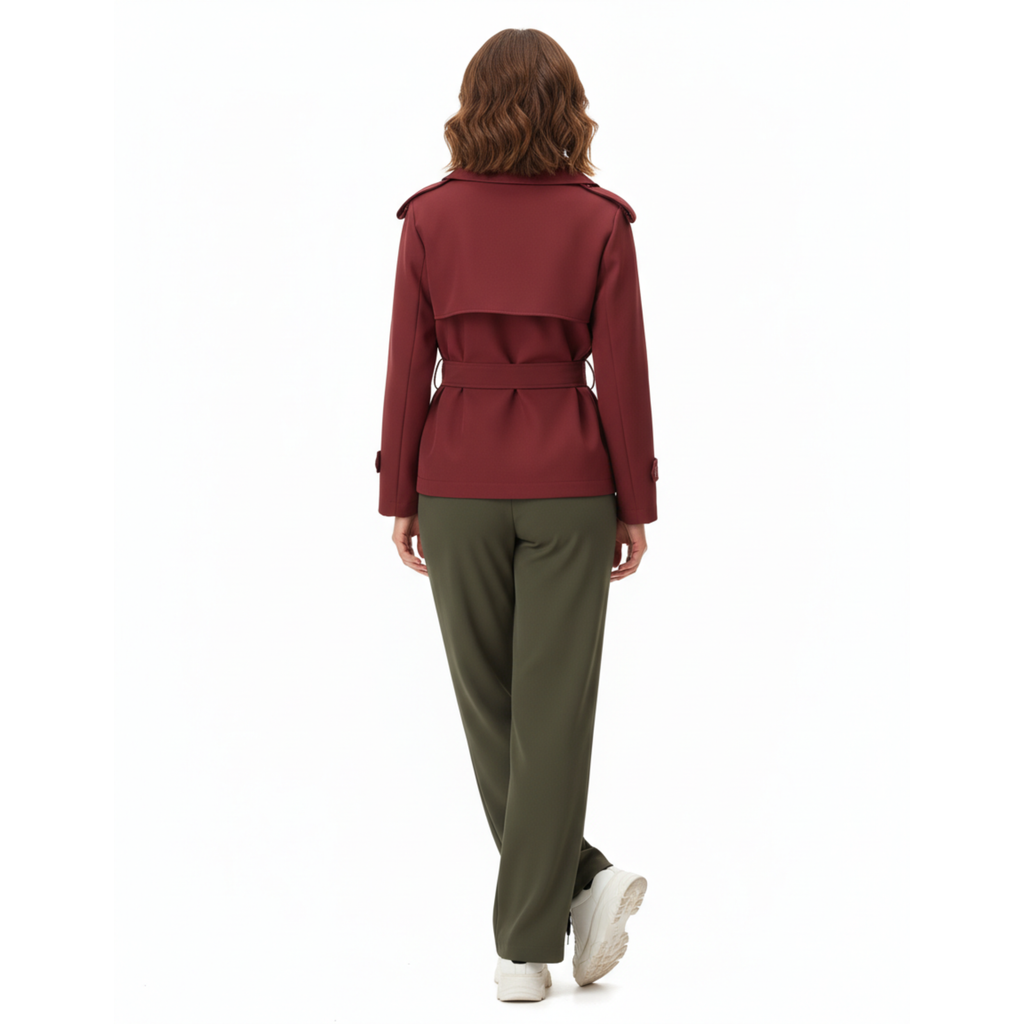 Short Polyester Trench Coat with Belt and Notched Collar for Women