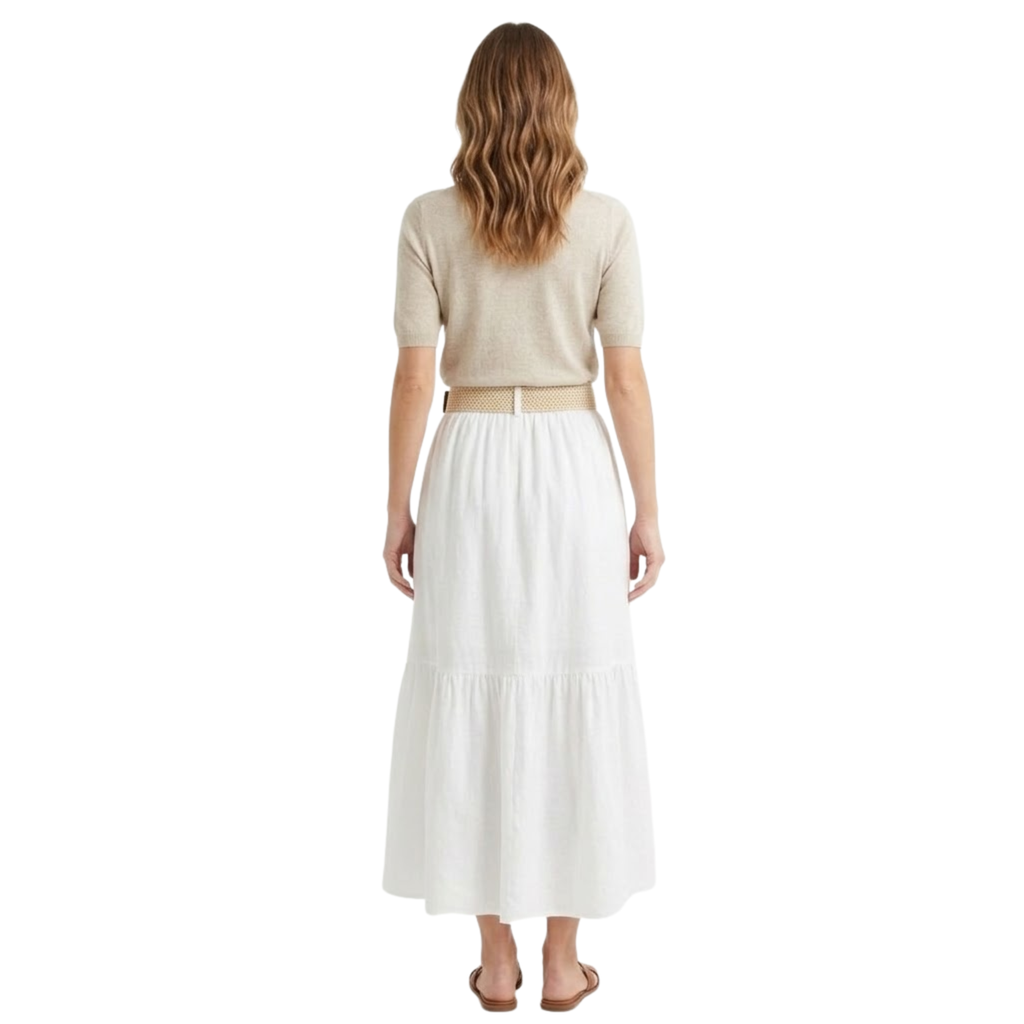 High-Waisted Flared Mid-Length Skirt for Women with Belt and A-Line Cut