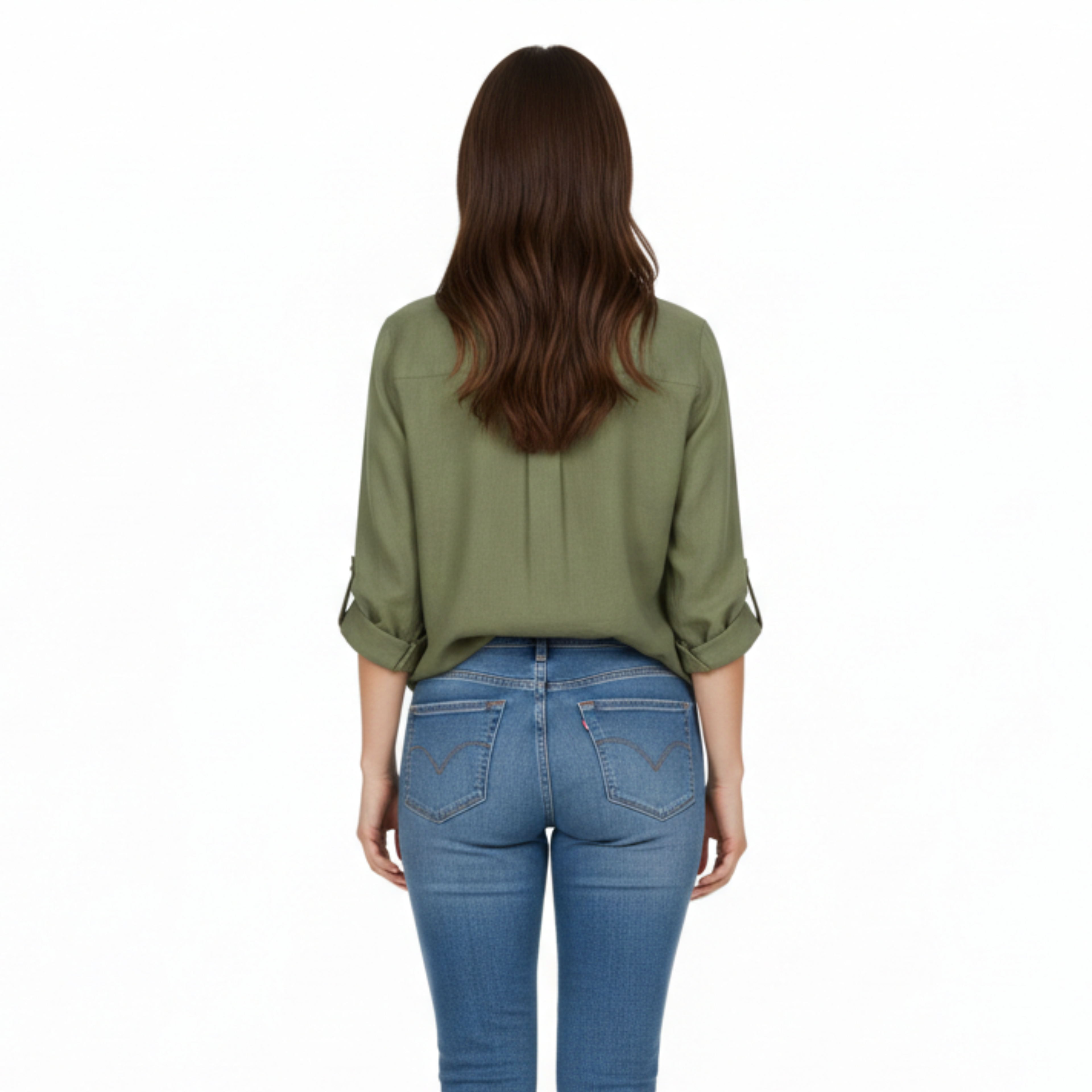 Loose casual button-up shirt for women with three-quarter sleeves and split neckline