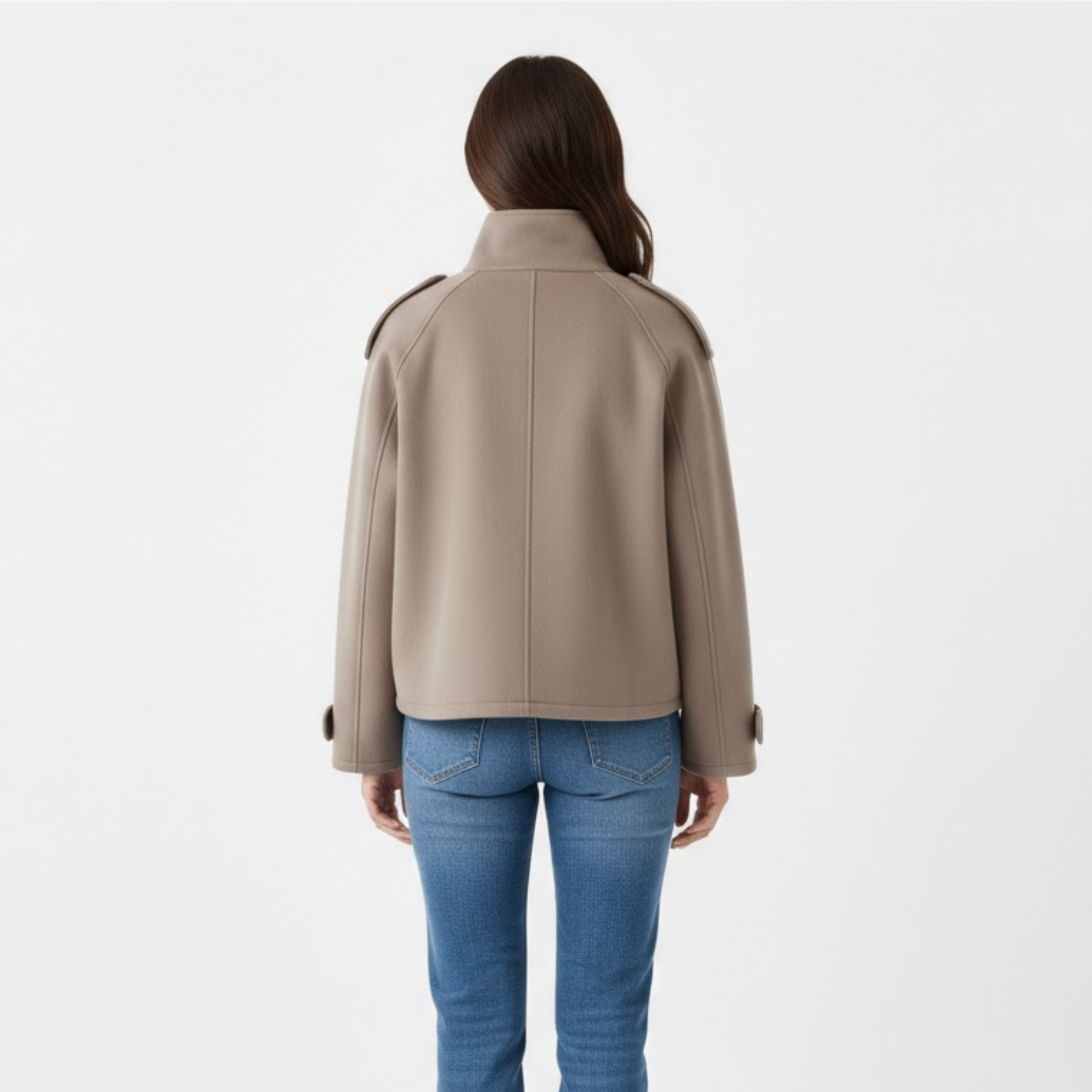 Short wool jacket for women with stand-up collar and contrasting buttons
