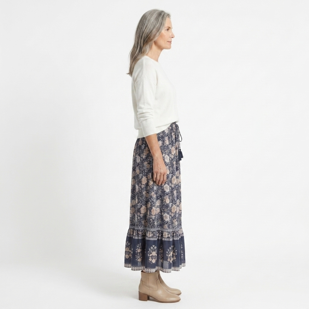 Long floral maxi skirt — trapeze cut with tassels — summer vacation