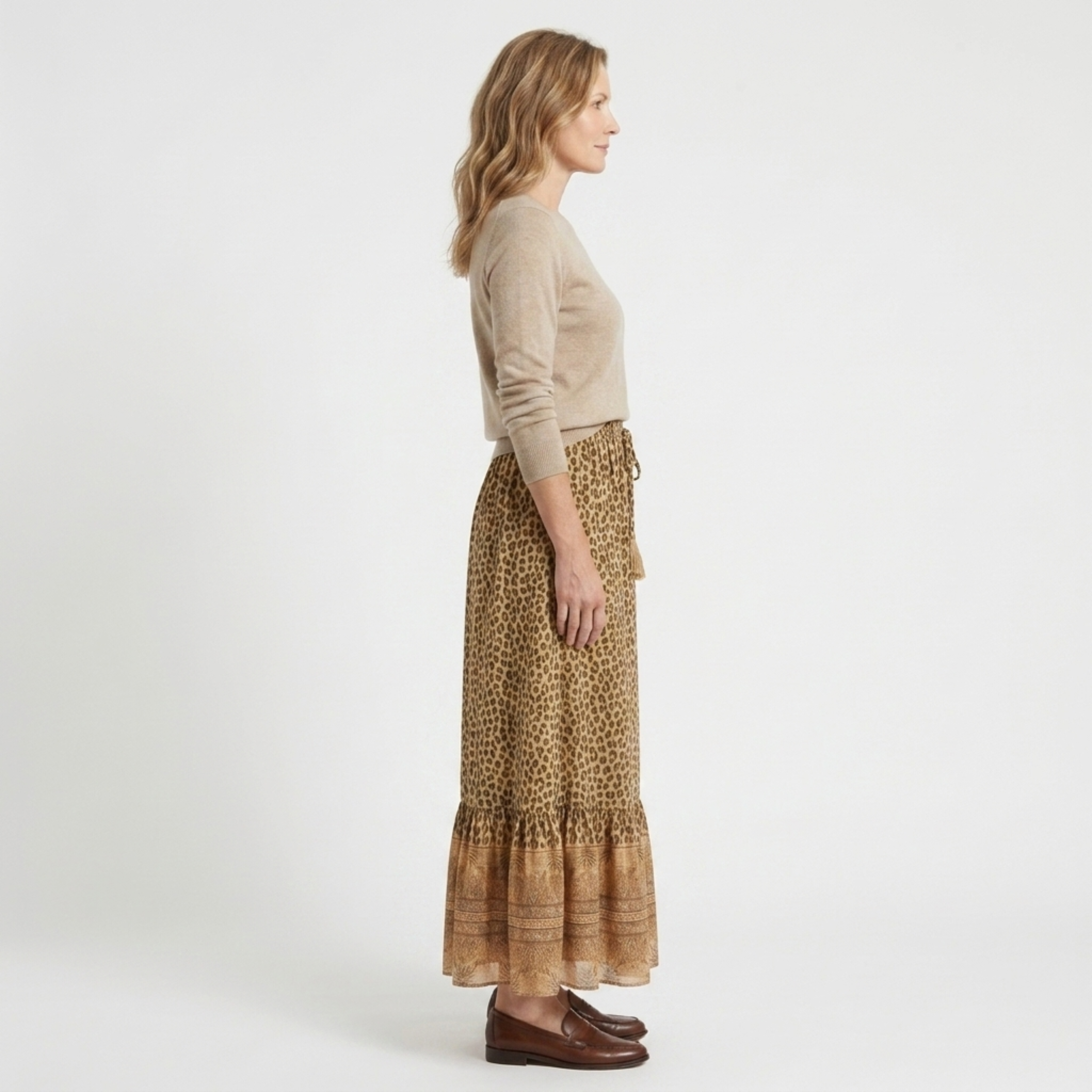 Long cotton maxi skirt — leopard print with ruffles — summer vacation