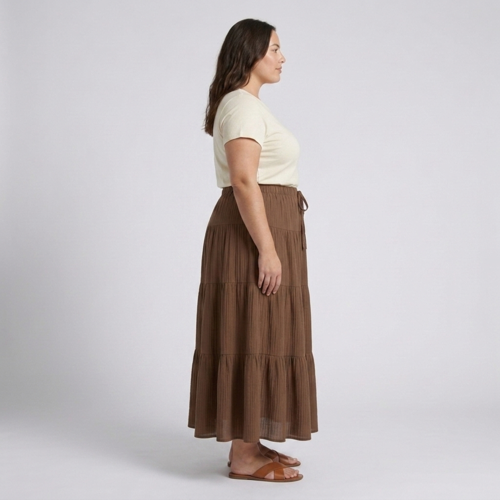 Plus size long skirt for women with panels and drawstring