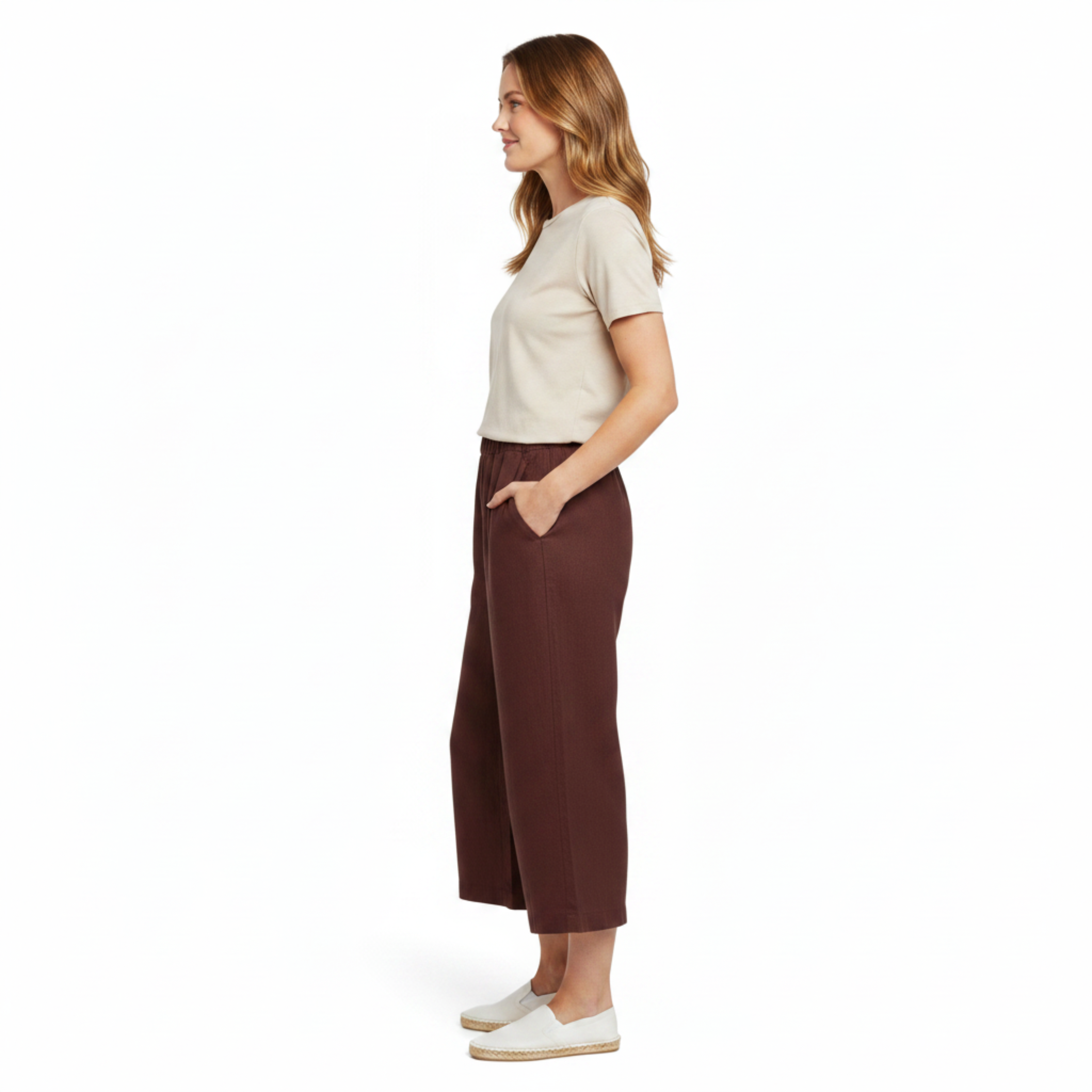 Women's Wide-Leg Linen Pants with Elastic Waist and Short Cut
