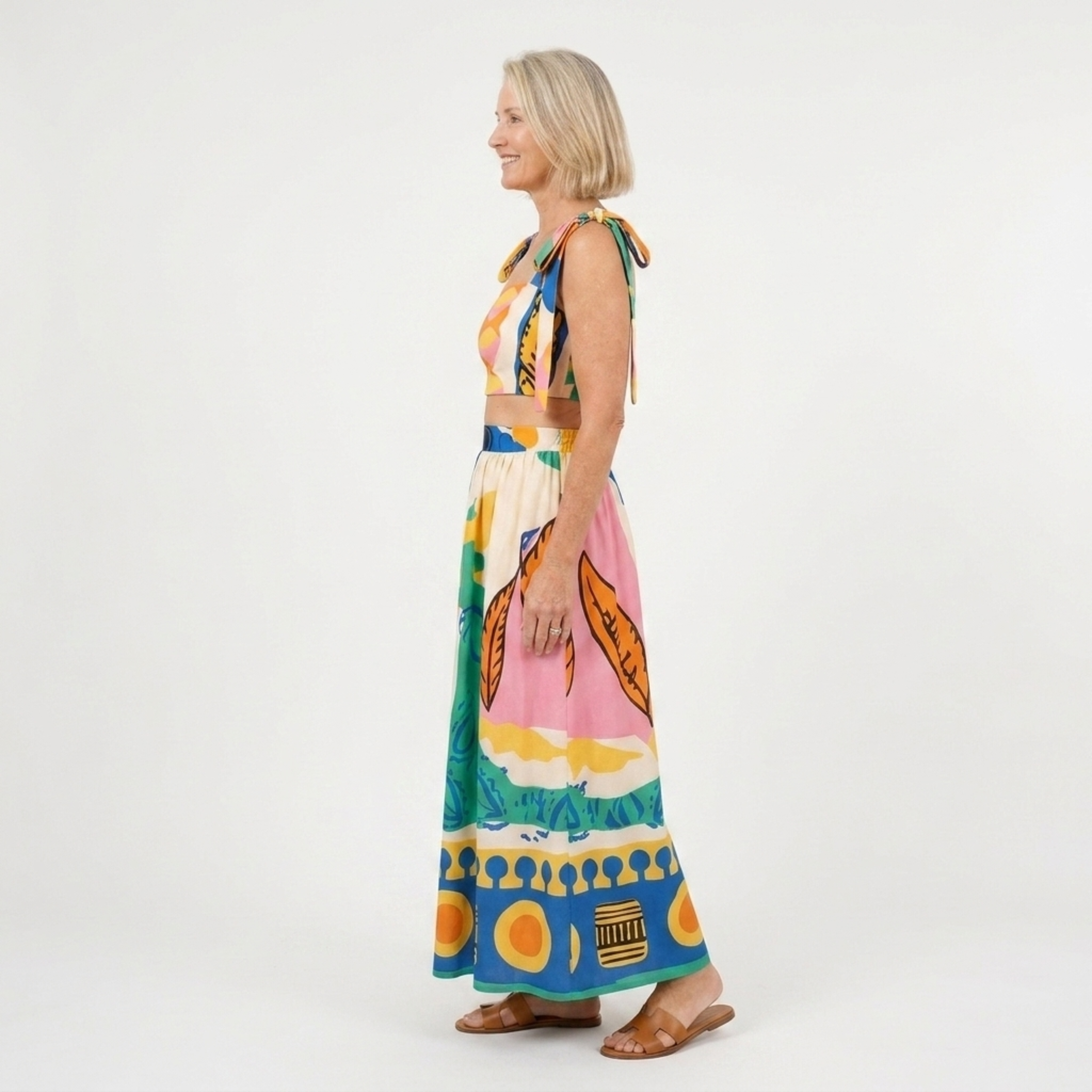 Printed crop top and long skirt set — two pieces — summer vacation