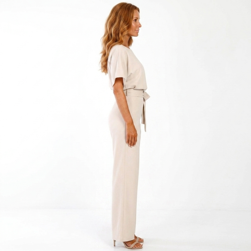 Women's wide-leg jumpsuit — with belt and short sleeves — beach
