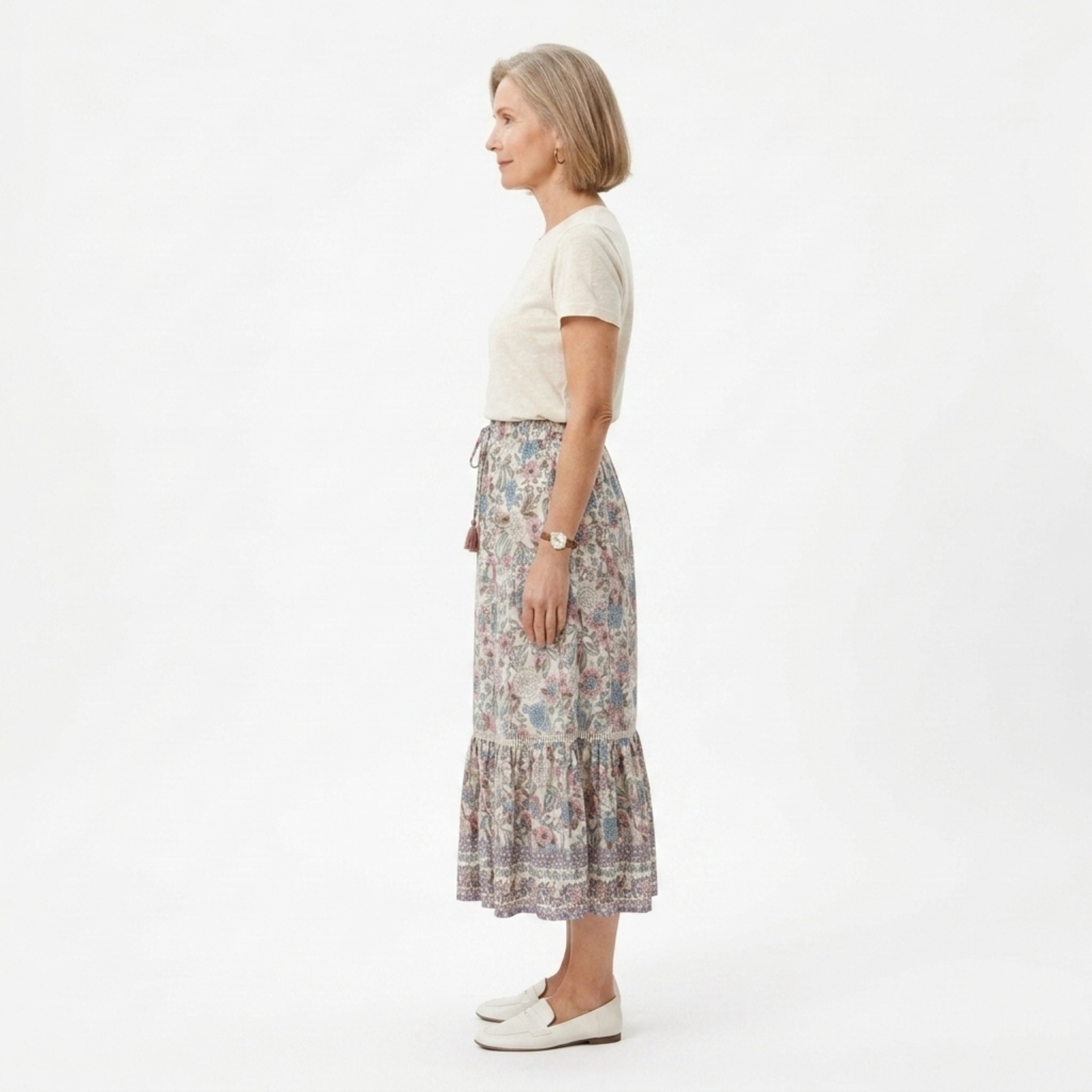 Long floral maxi skirt — high waist with lacing — summer vacation