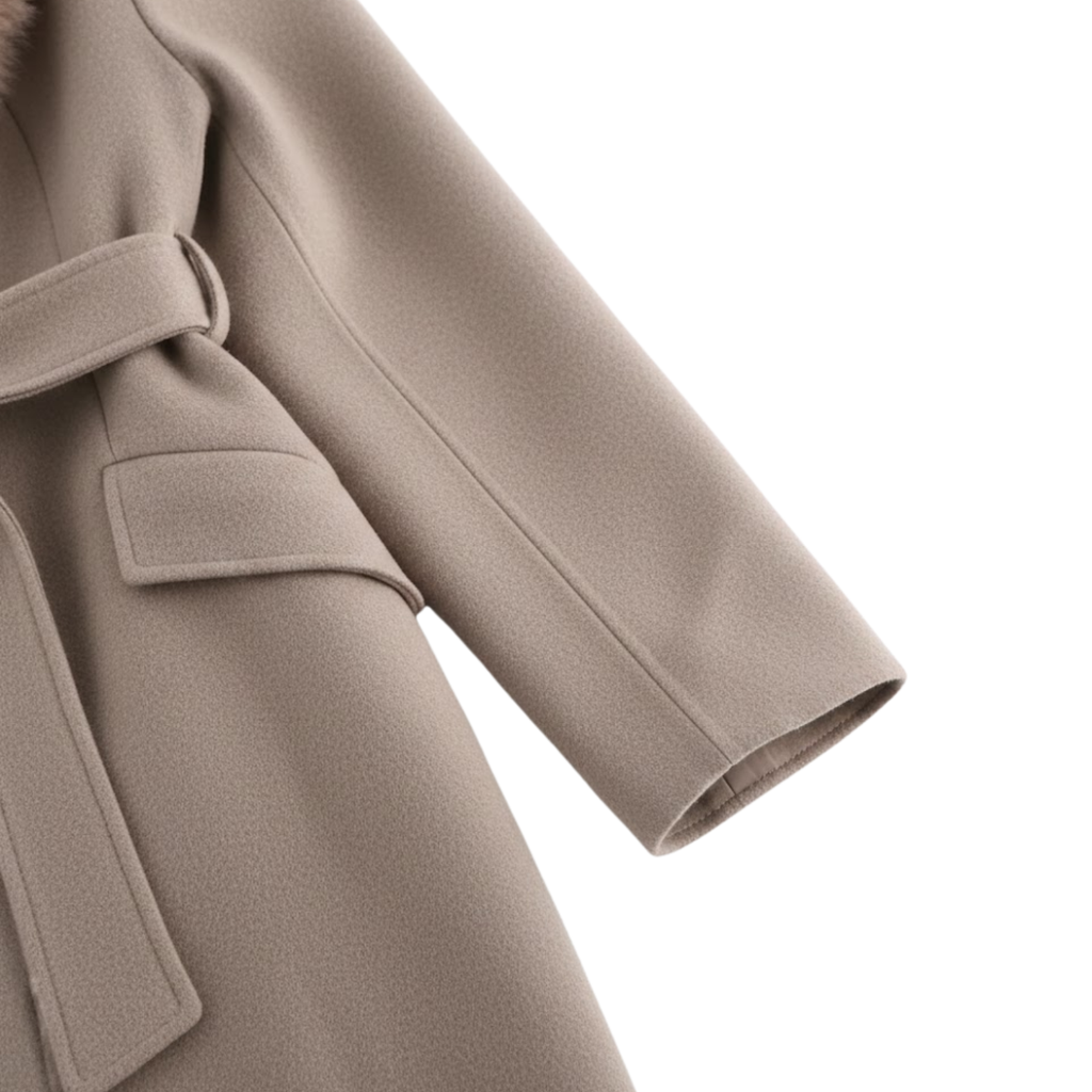 Women's Warm Belted Coat with Fur Collar for Autumn and Winter