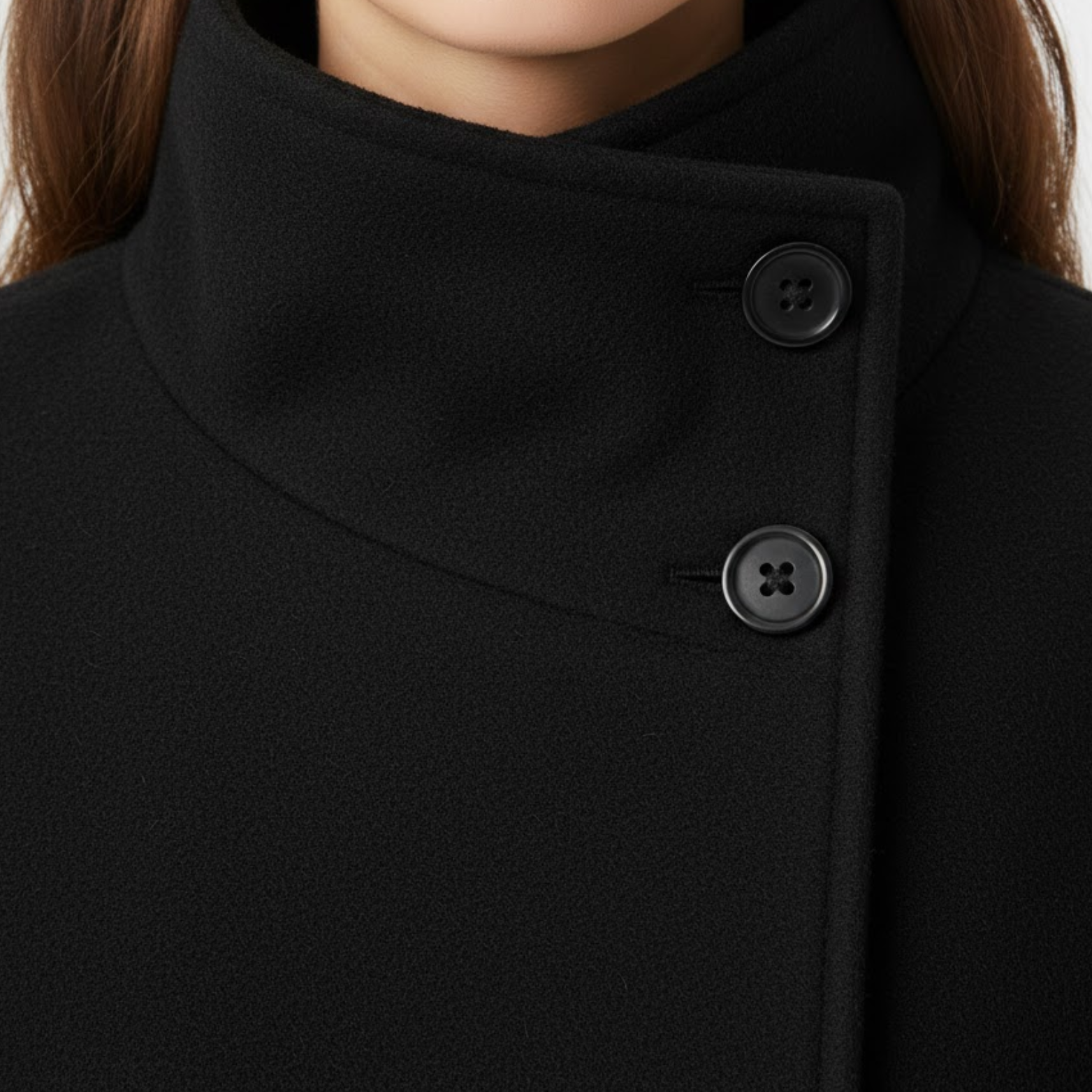 Women's faux fur coat with high collar and belt, warm and elegant jacket