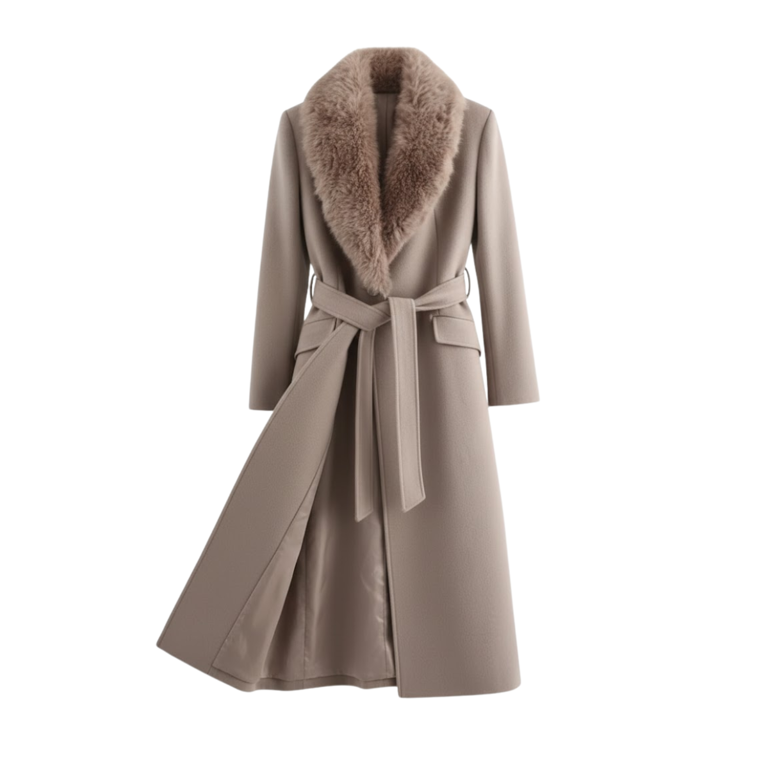 Women's Warm Belted Coat with Fur Collar for Autumn and Winter