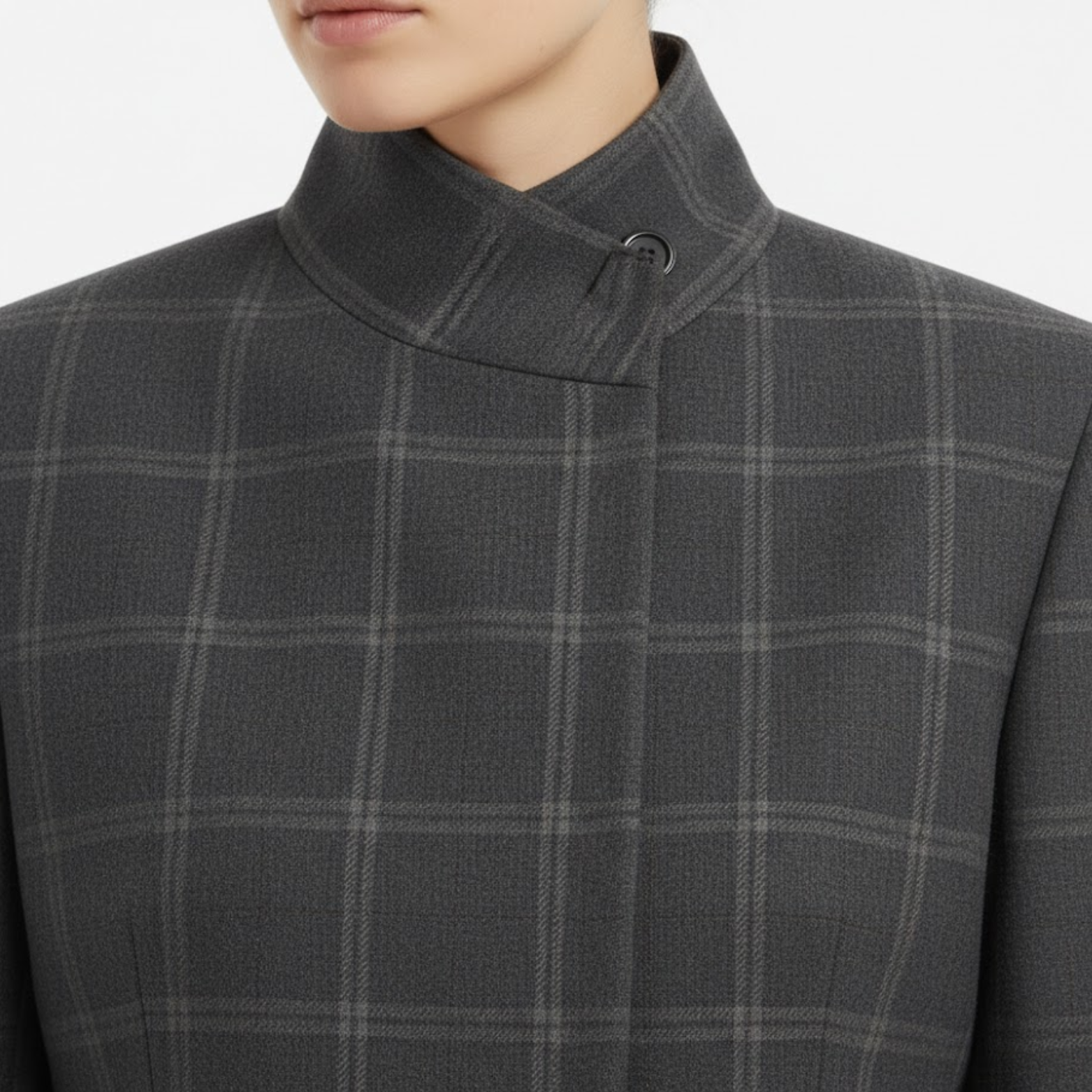 Short jacket with tartan pattern for women with stand-up collar and split sleeves